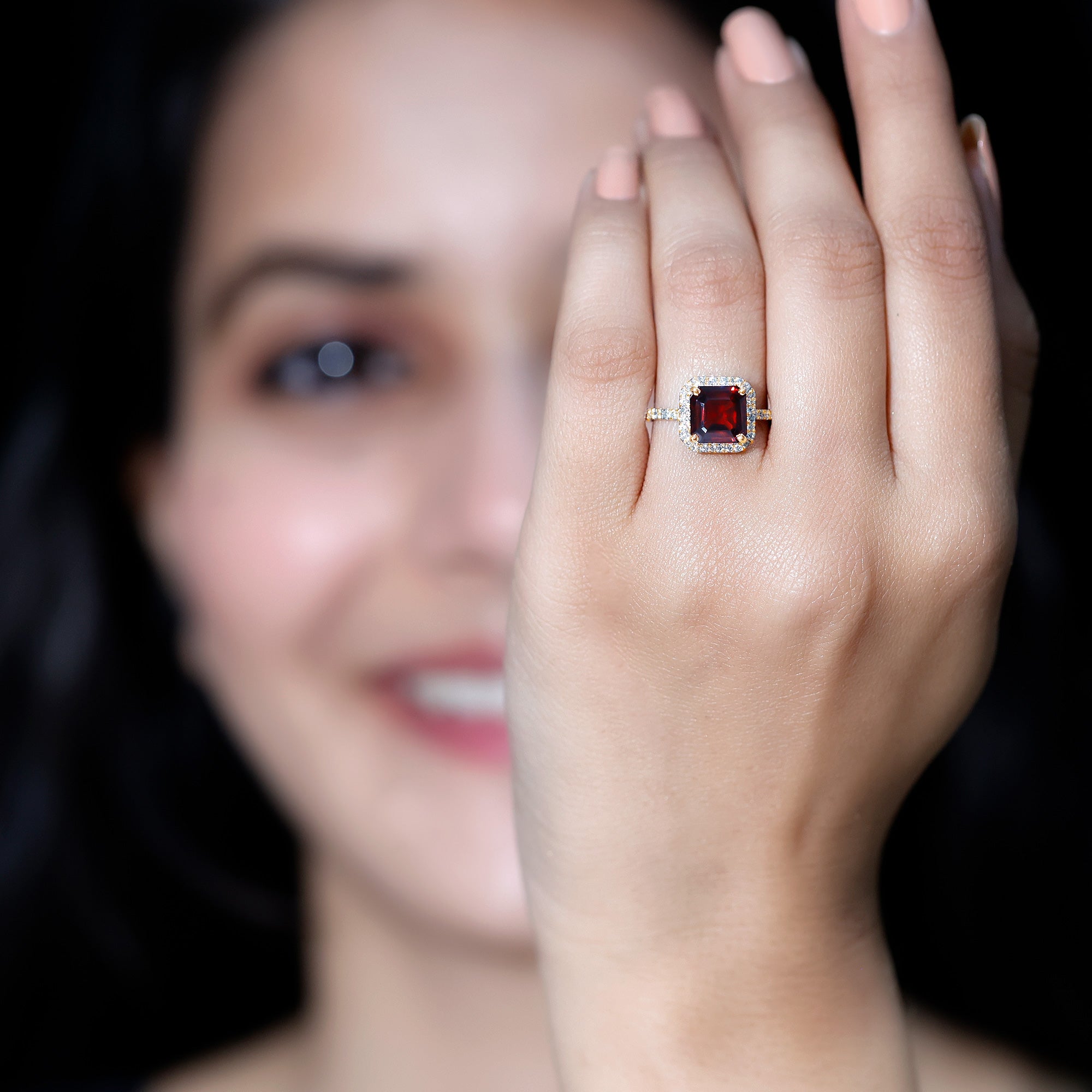 Natural 3.3 Carat Garnet Asscher Cut Engagement Ring with Diamond Halo AAA - Rosec Jewels