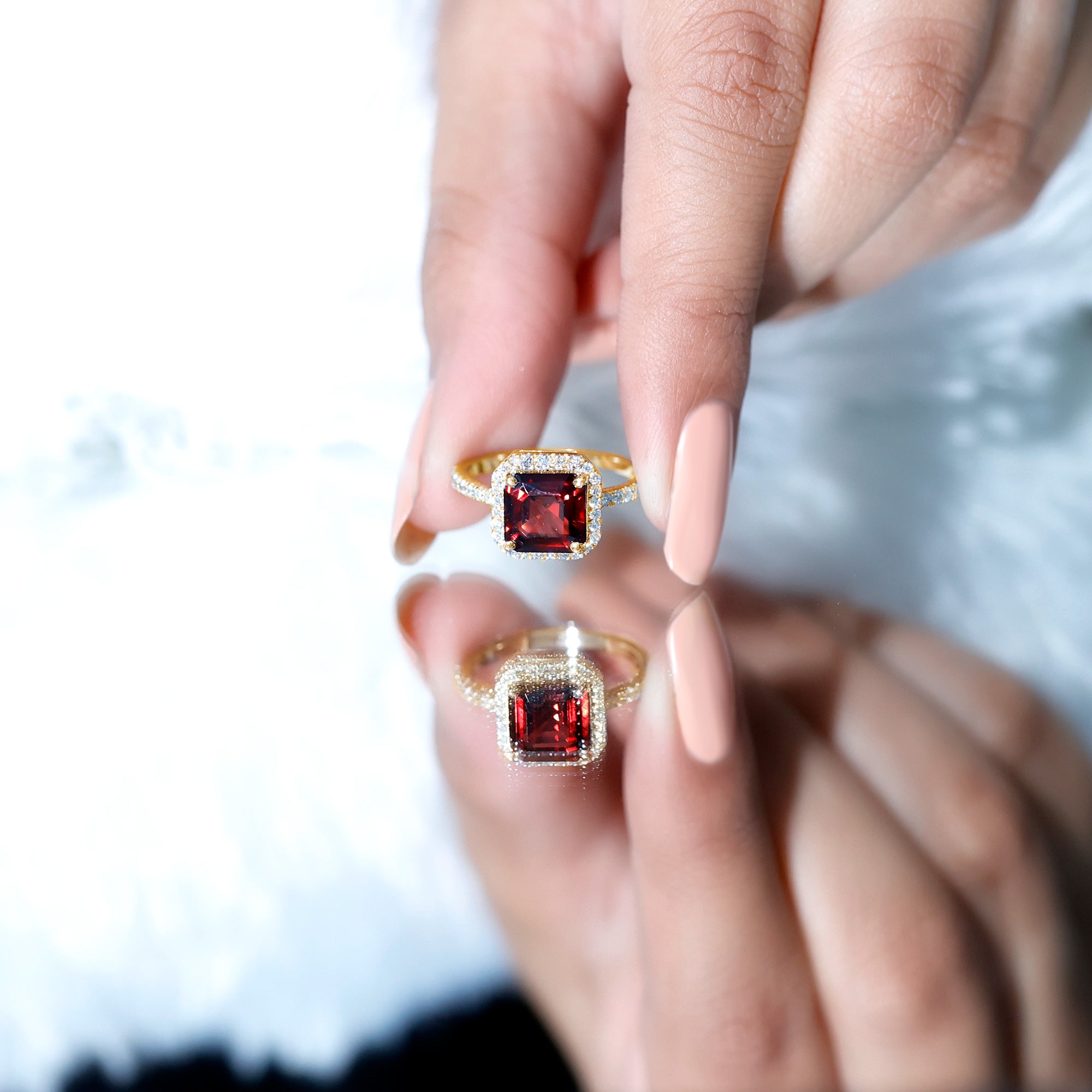 Natural 3.3 Carat Garnet Asscher Cut Engagement Ring with Diamond Halo AAA - Rosec Jewels
