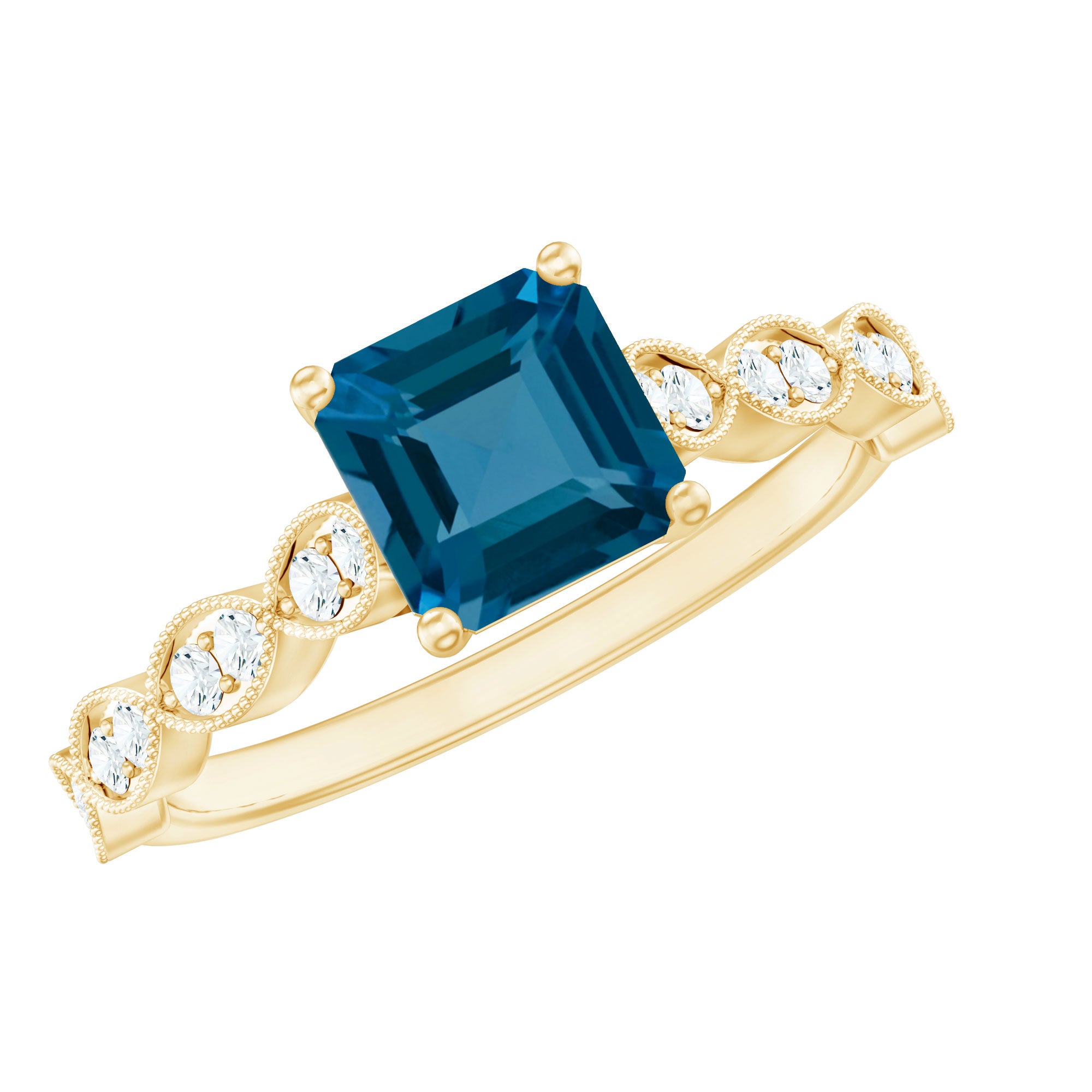 8mm Asscher Cut London Blue Topaz Designer Engagement Ring with Diamond AAA - Rosec Jewels
