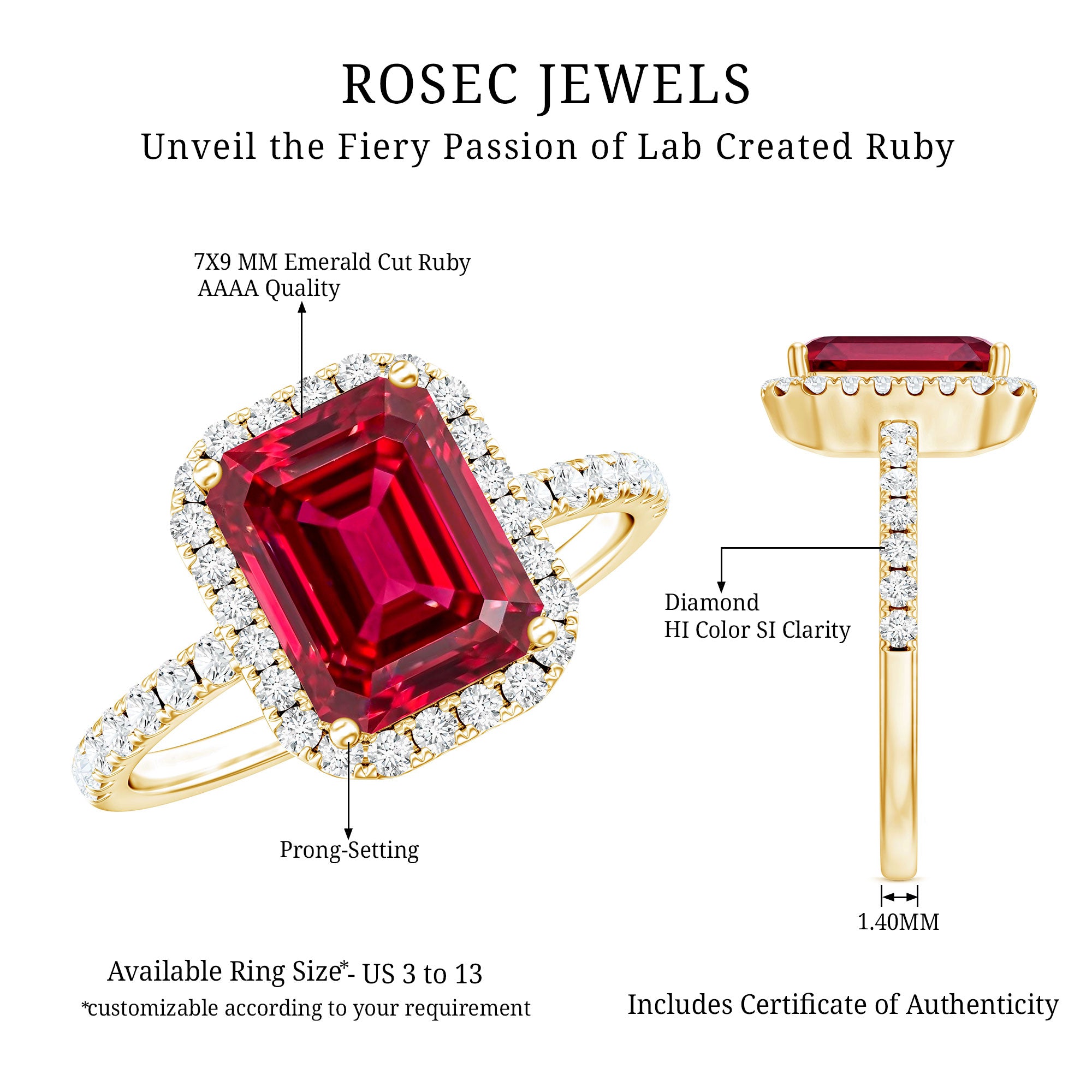 Lab Created Emerald Cut Ruby Engagement Ring with Diamond Halo AAAA - Rosec Jewels