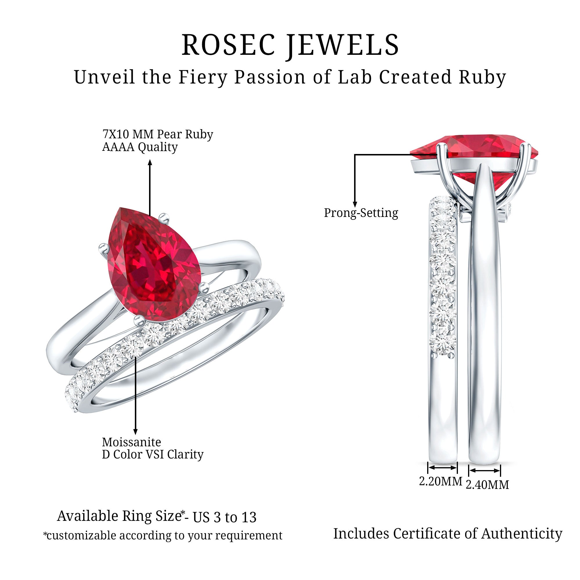 Rosec Jewels-Pear Shape Created Ruby Solitaire Wedding Ring Set with Moissanite