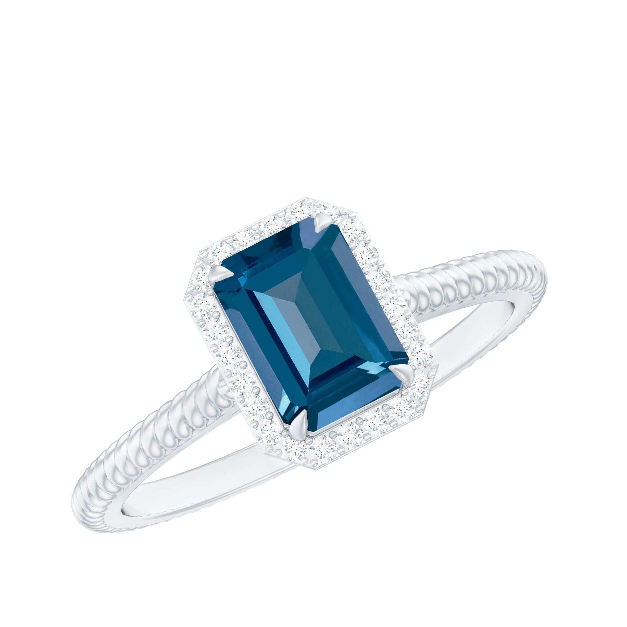 Emerald Cut Blue Topaz Engagement Ring with Diamond Halo