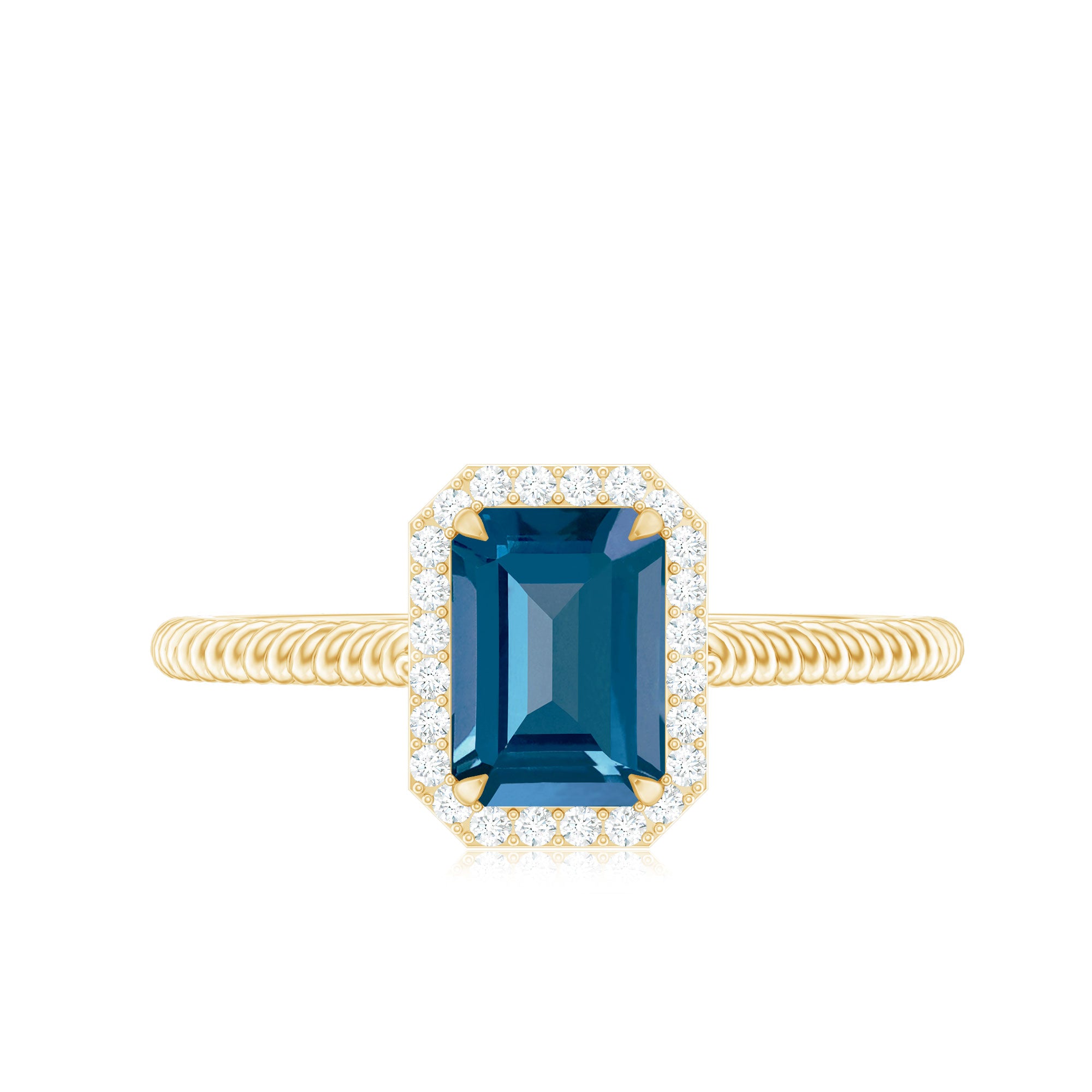 Rosec Jewels-Emerald Cut Blue Topaz Engagement Ring with Diamond Halo