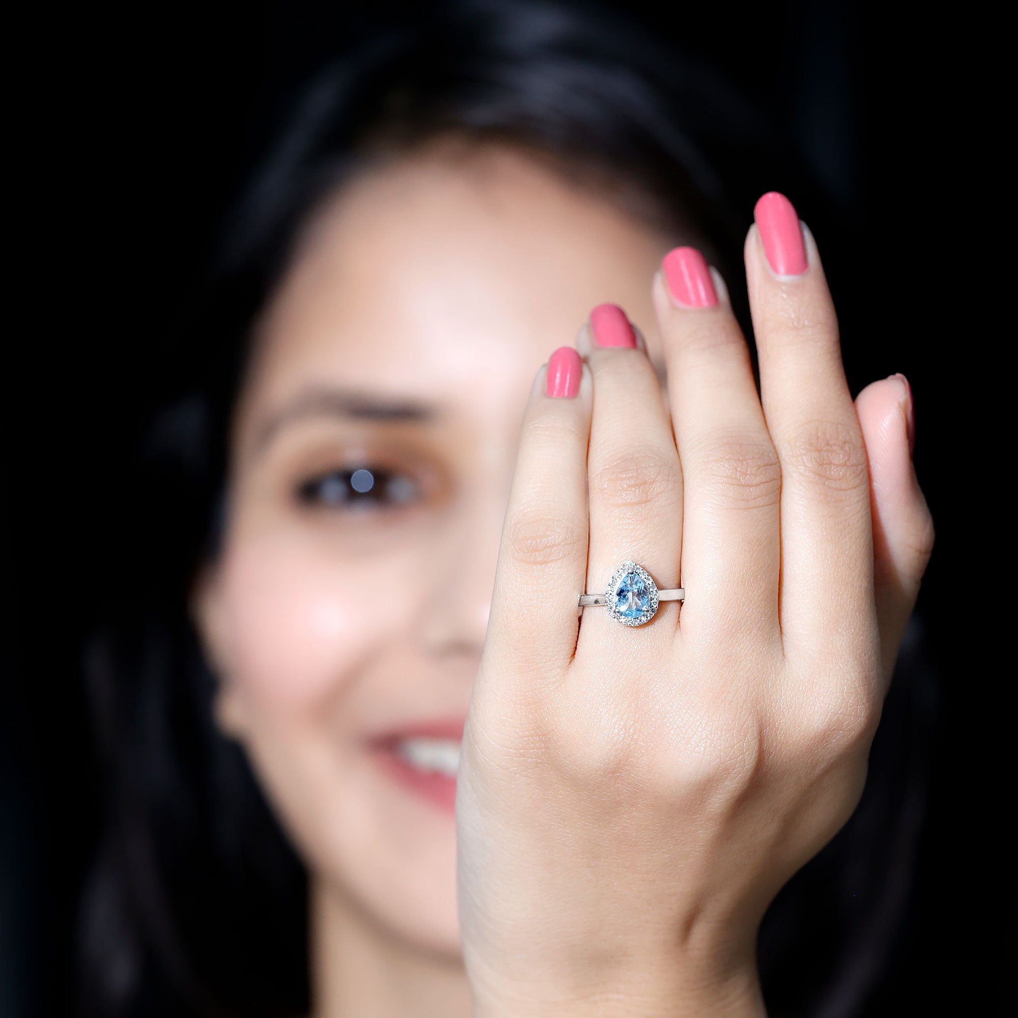 1 Carat Pear Cut Aquamarine Engagement Ring with Diamond Halo AAA - Rosec Jewels