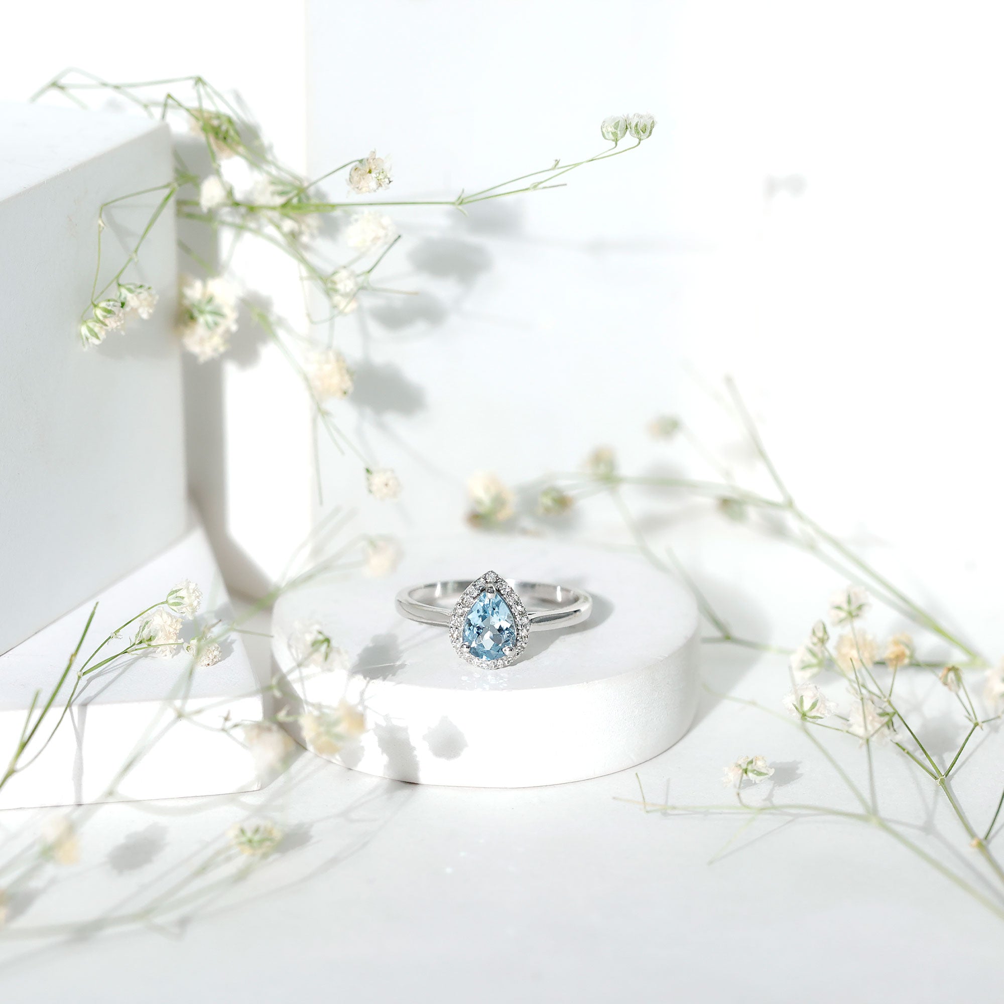 1 Carat Pear Cut Aquamarine Engagement Ring with Diamond Halo AAA - Rosec Jewels