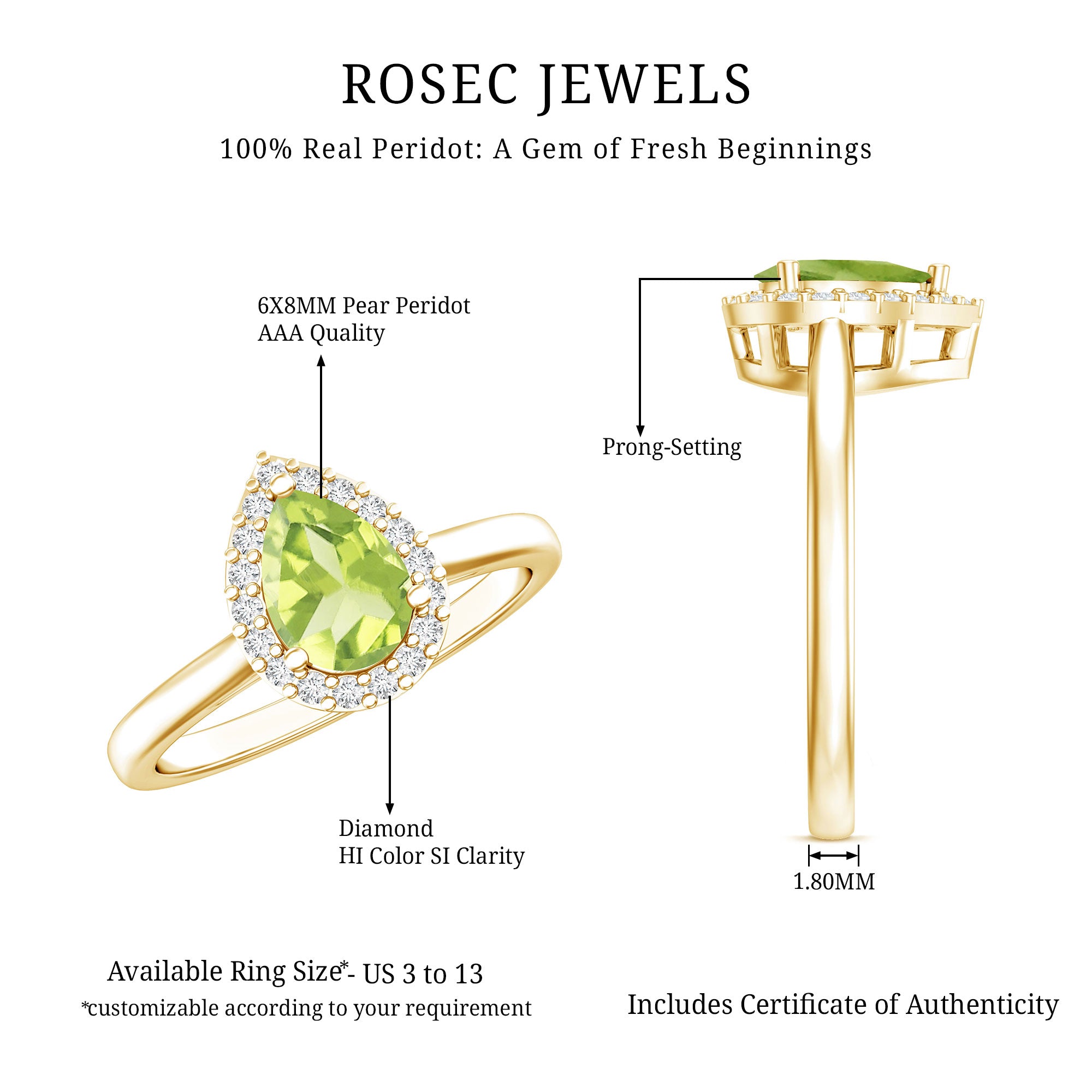 Real 1 Carat Peridot Teardrop Engagement Ring with Diamond Halo AAA - Rosec Jewels