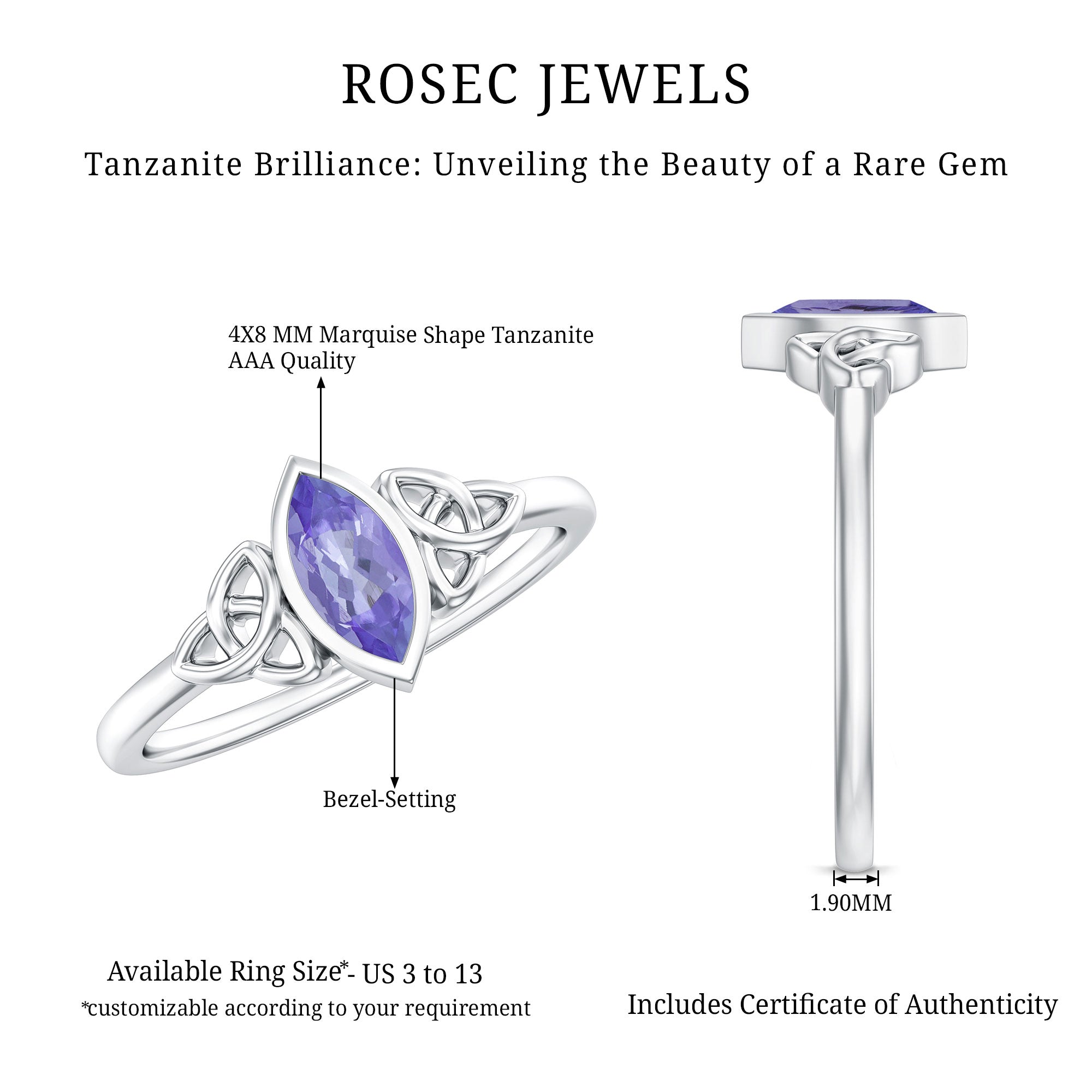 Natural Bezel Set Marquise Tanzanite Promise Ring with Celtic Knot AAA - Rosec Jewels