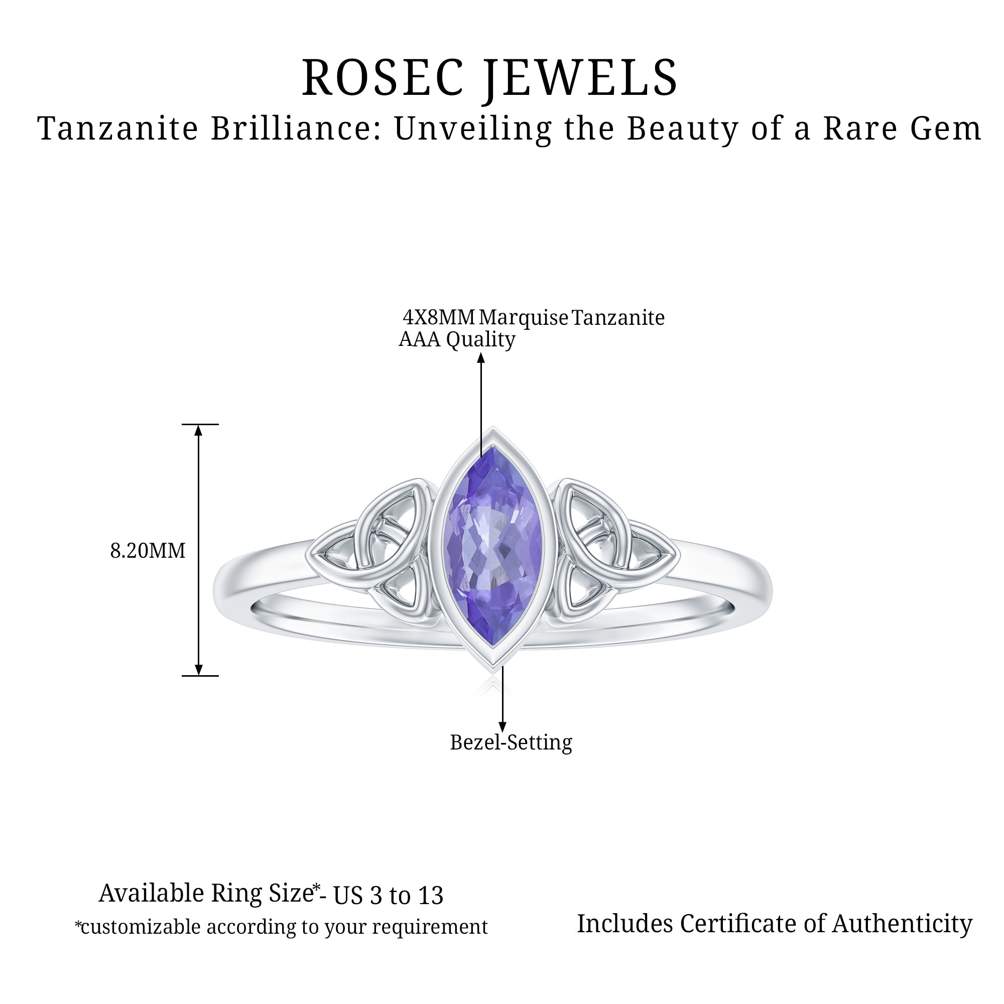 Natural Bezel Set Marquise Tanzanite Promise Ring with Celtic Knot AAA - Rosec Jewels
