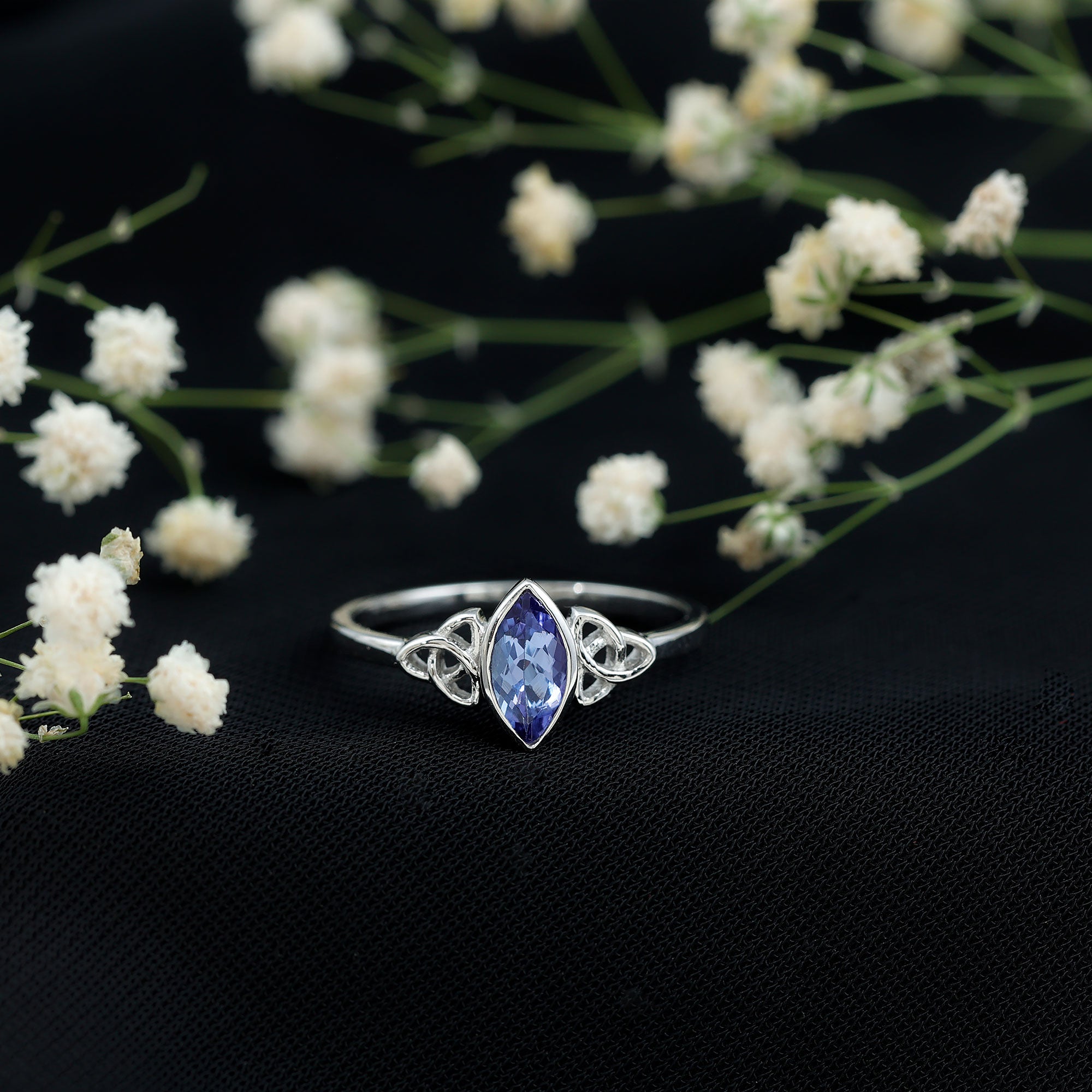 Natural Bezel Set Marquise Tanzanite Promise Ring with Celtic Knot AAA - Rosec Jewels