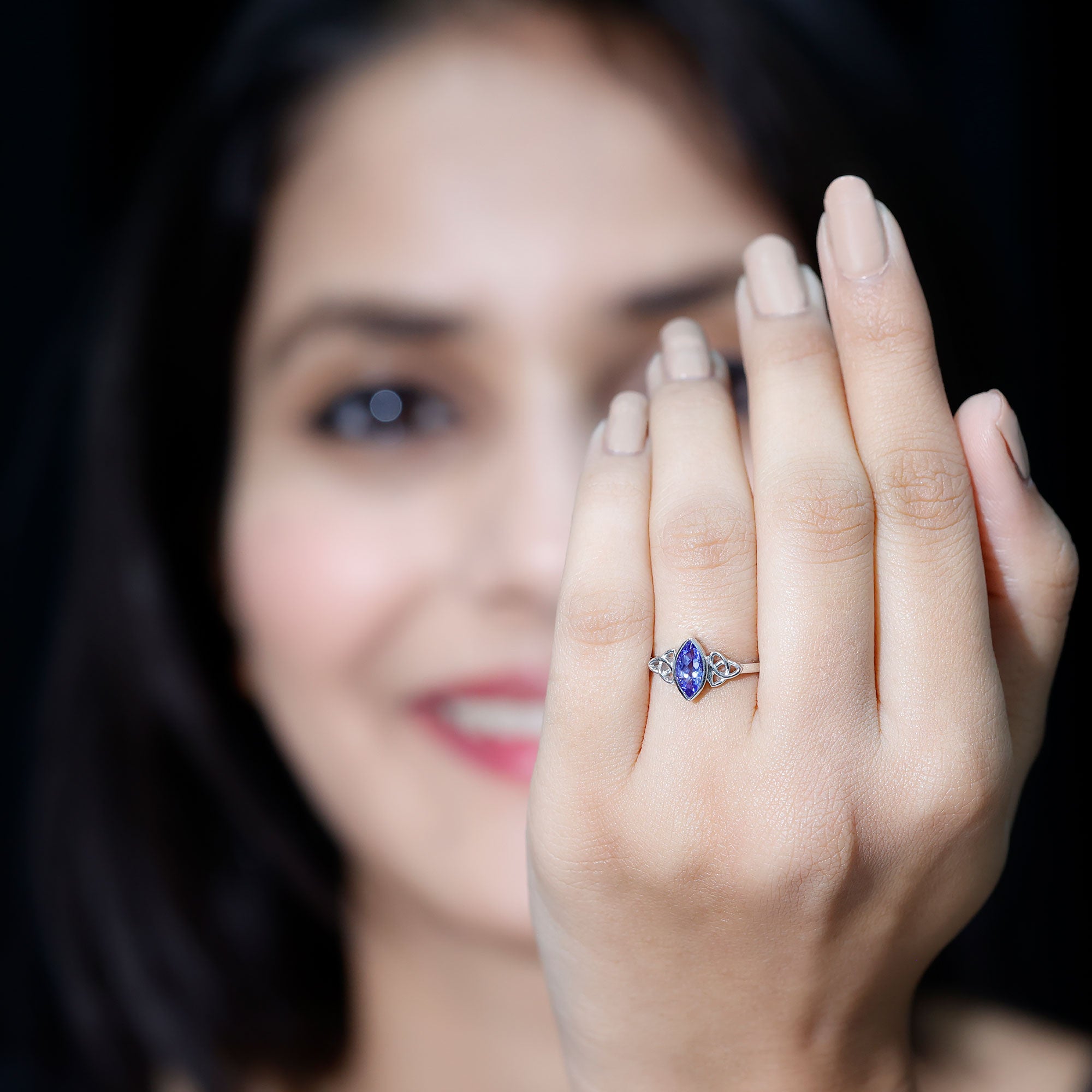 Natural Bezel Set Marquise Tanzanite Promise Ring with Celtic Knot AAA - Rosec Jewels