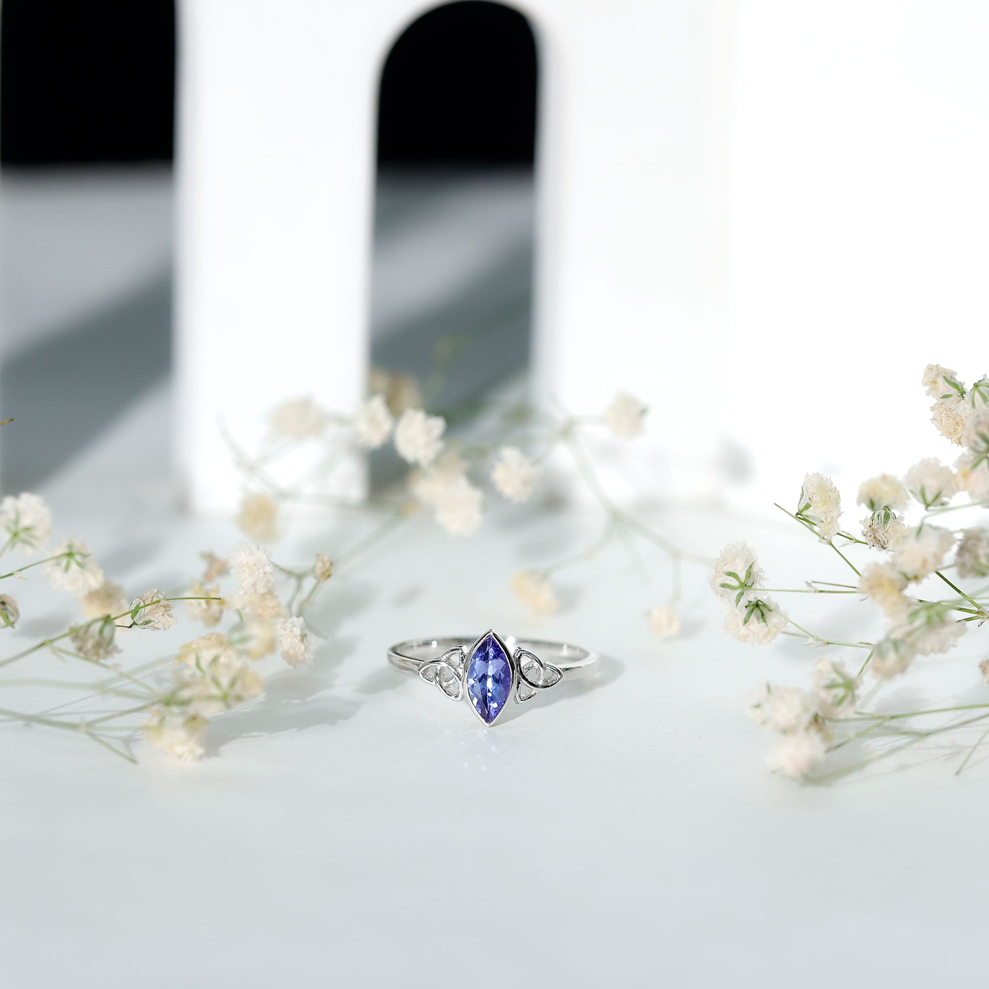 Natural Bezel Set Marquise Tanzanite Promise Ring with Celtic Knot AAA - Rosec Jewels