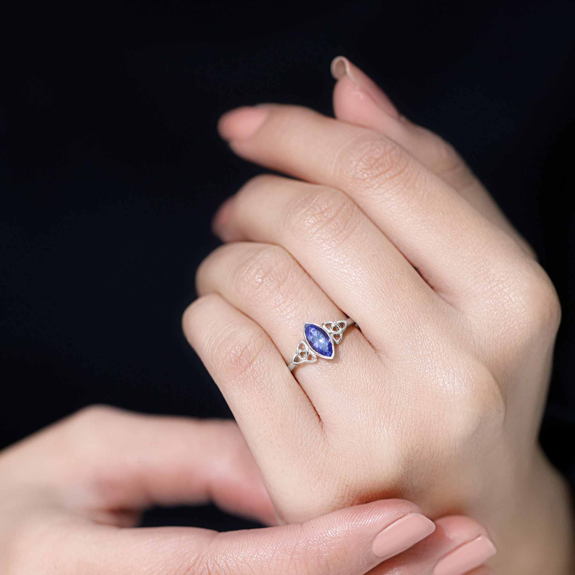 Natural Bezel Set Marquise Tanzanite Promise Ring with Celtic Knot AAA - Rosec Jewels
