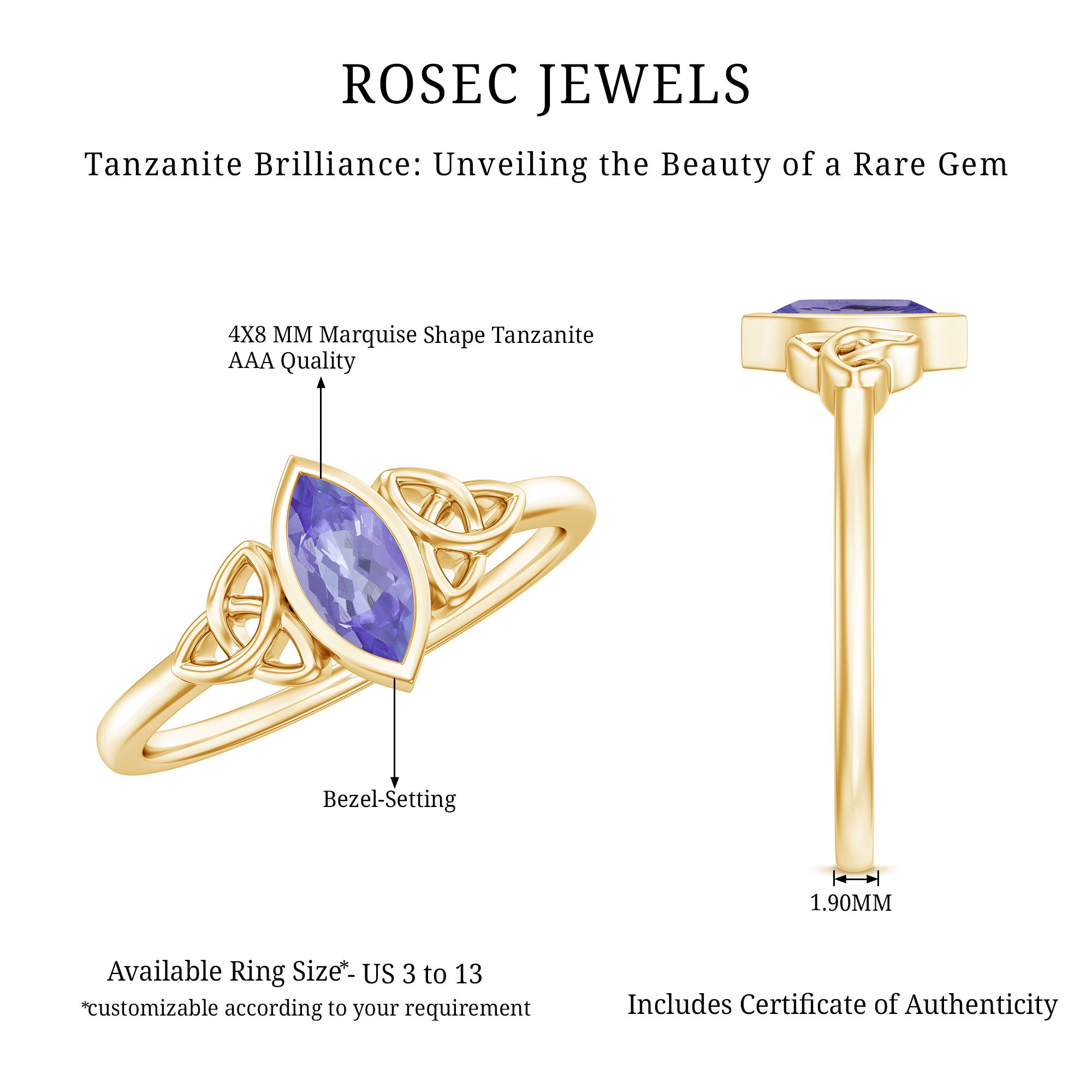 Natural Bezel Set Marquise Tanzanite Promise Ring with Celtic Knot AAA - Rosec Jewels