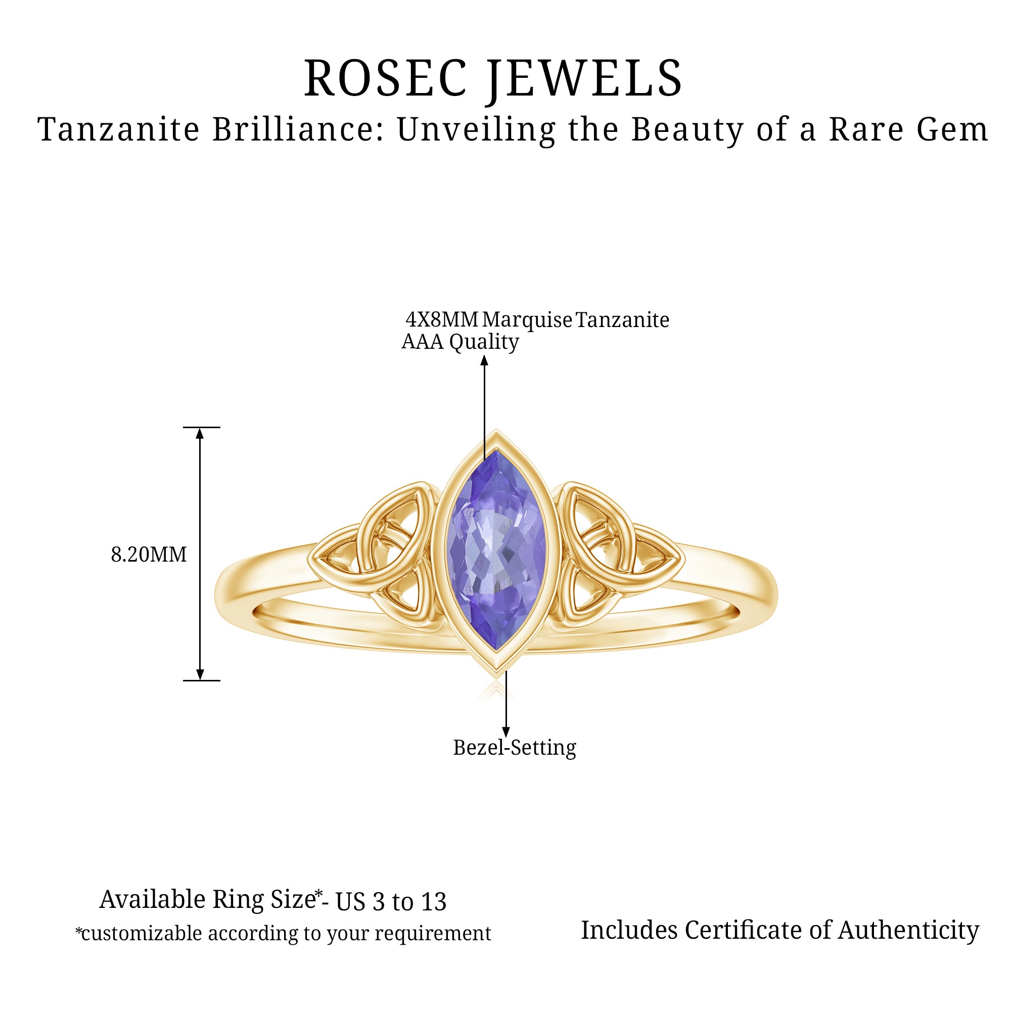 Natural Bezel Set Marquise Tanzanite Promise Ring with Celtic Knot AAA - Rosec Jewels