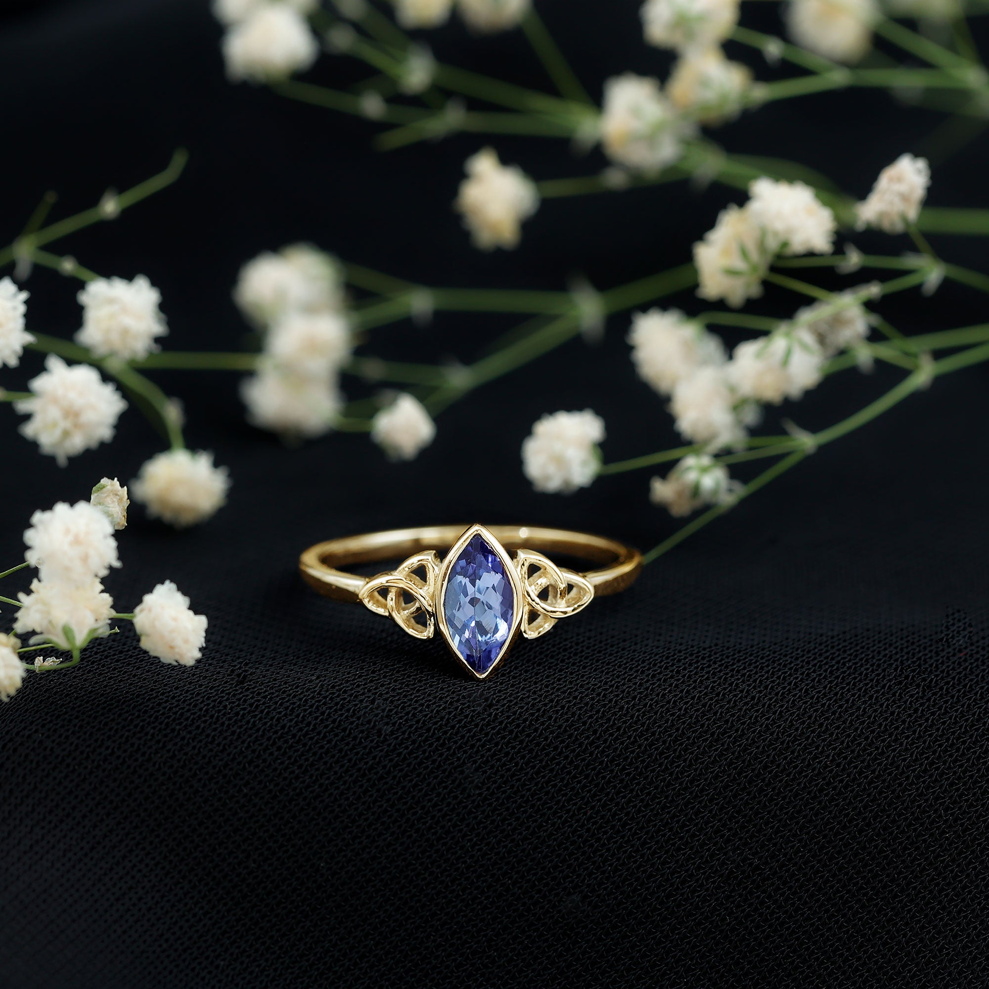 Natural Bezel Set Marquise Tanzanite Promise Ring with Celtic Knot AAA - Rosec Jewels