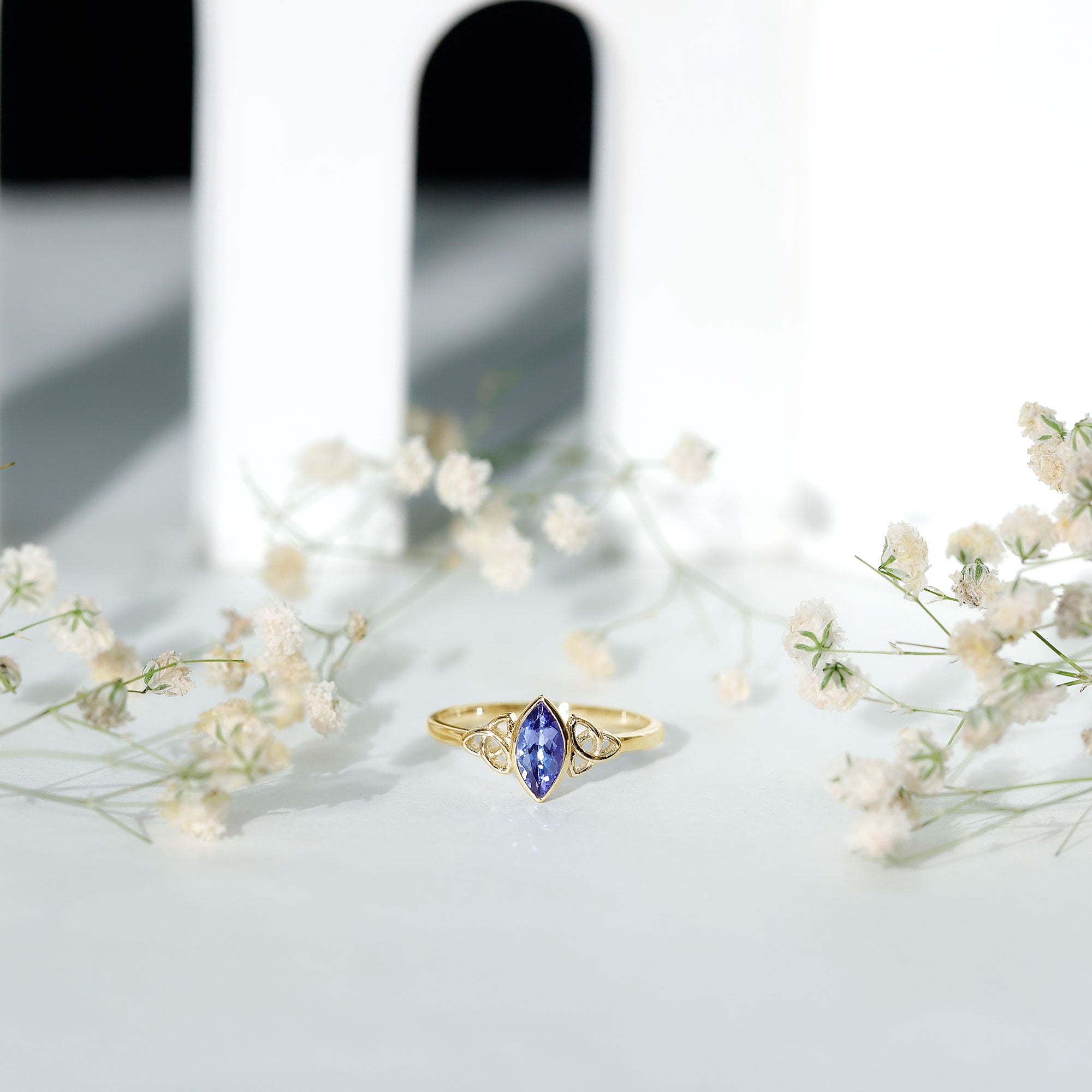 Natural Bezel Set Marquise Tanzanite Promise Ring with Celtic Knot AAA - Rosec Jewels