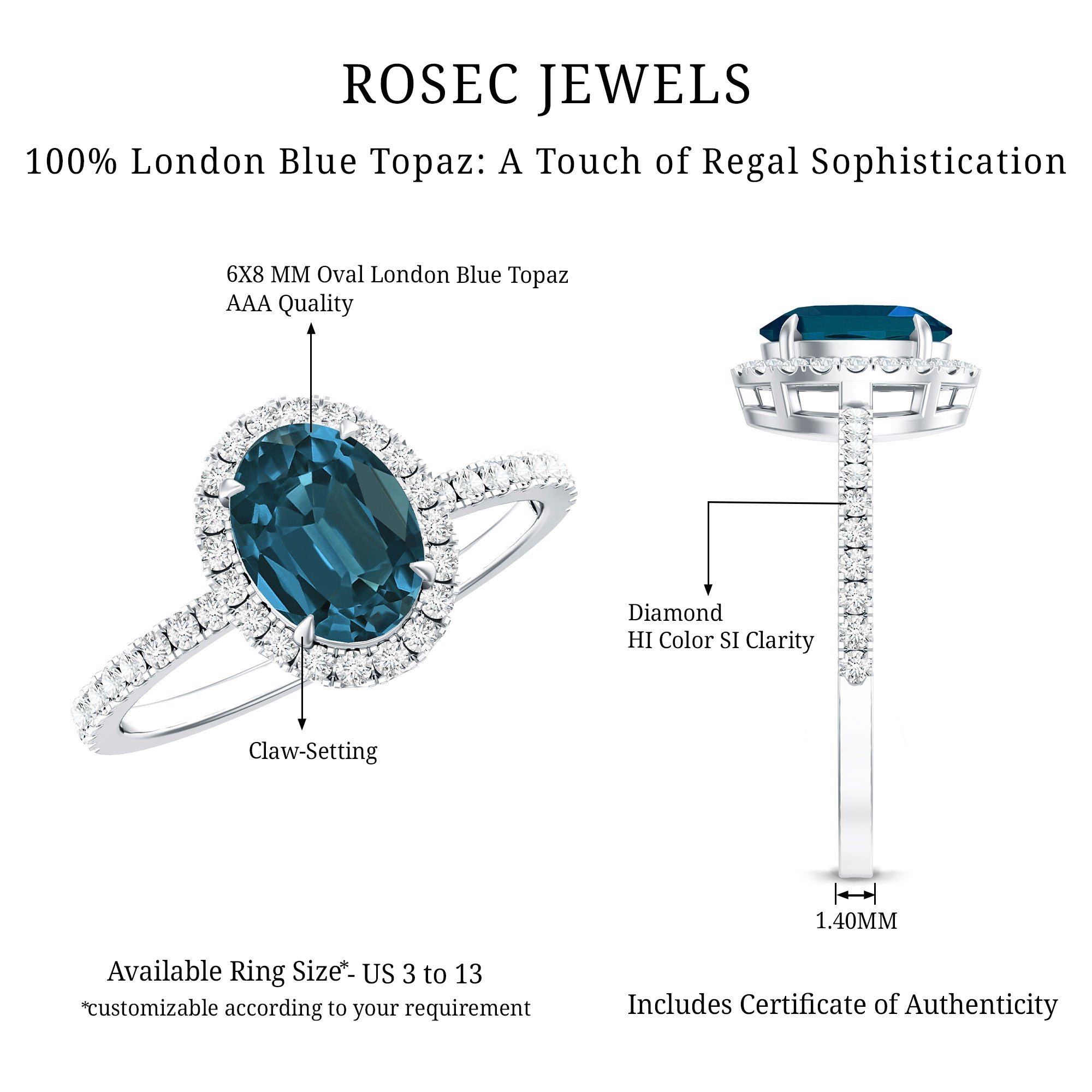 Oval 6X8MM London Blue Topaz Halo Engagement Ring AAA - Rosec Jewels