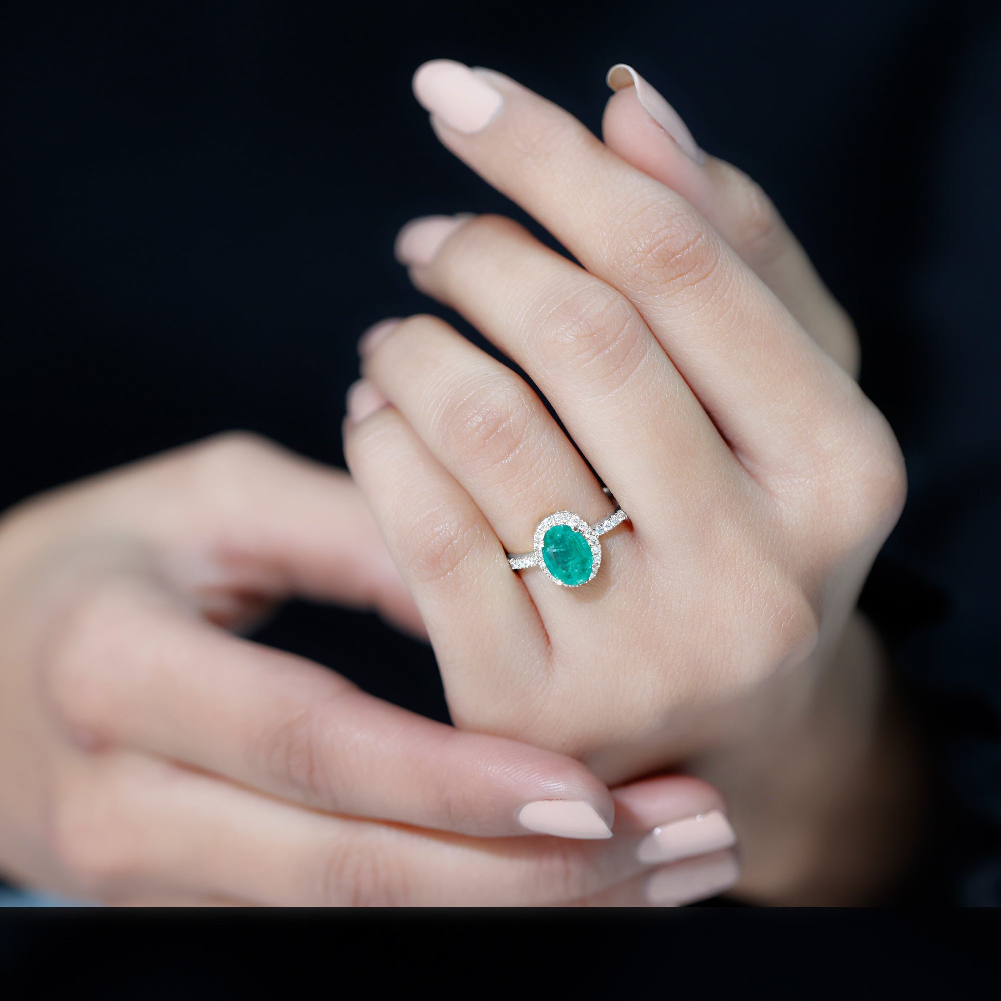 Genuine 6X8MM Oval Emerald Engagement Ring with Diamond Halo AAA - Rosec Jewels