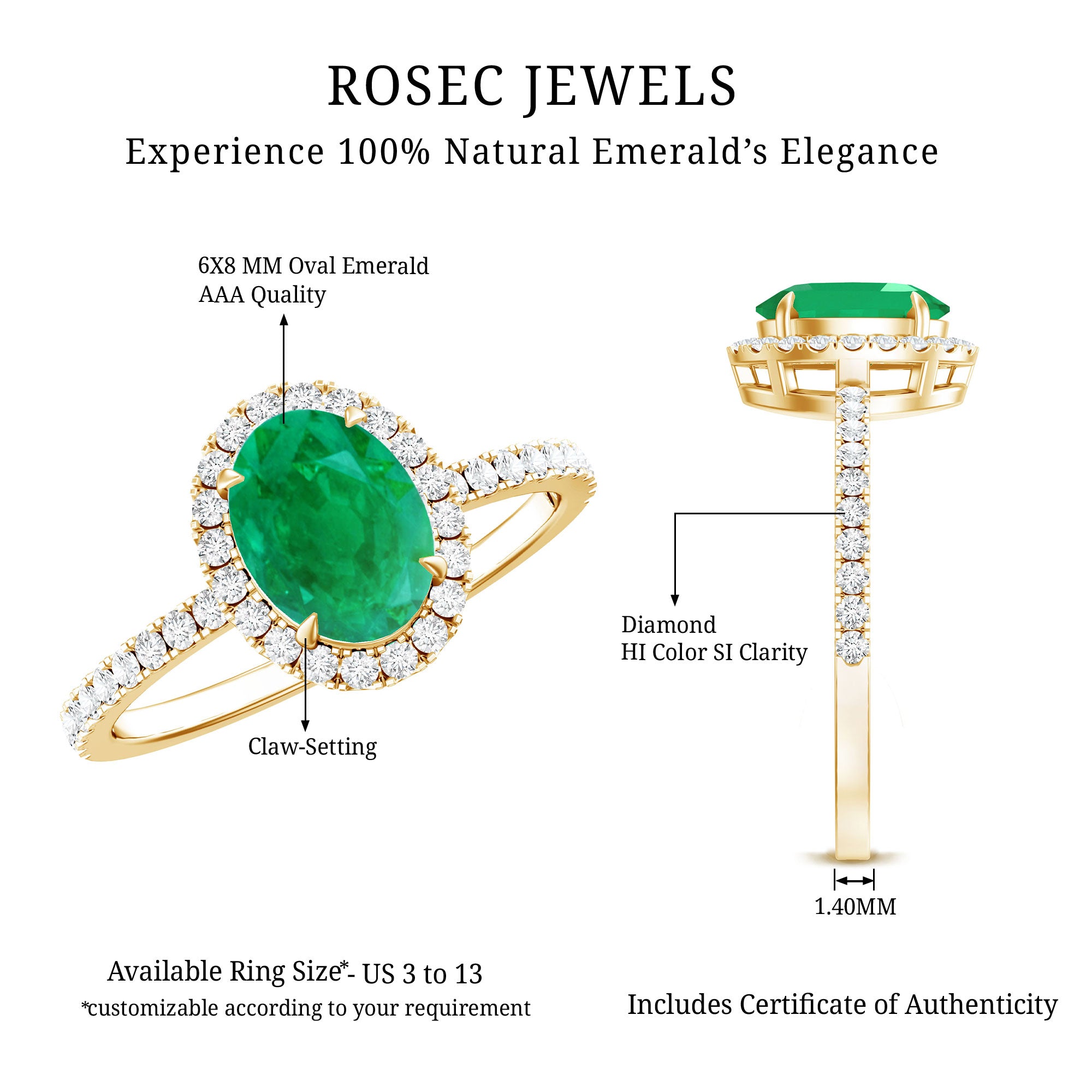 Genuine 6X8MM Oval Emerald Engagement Ring with Diamond Halo AAA - Rosec Jewels