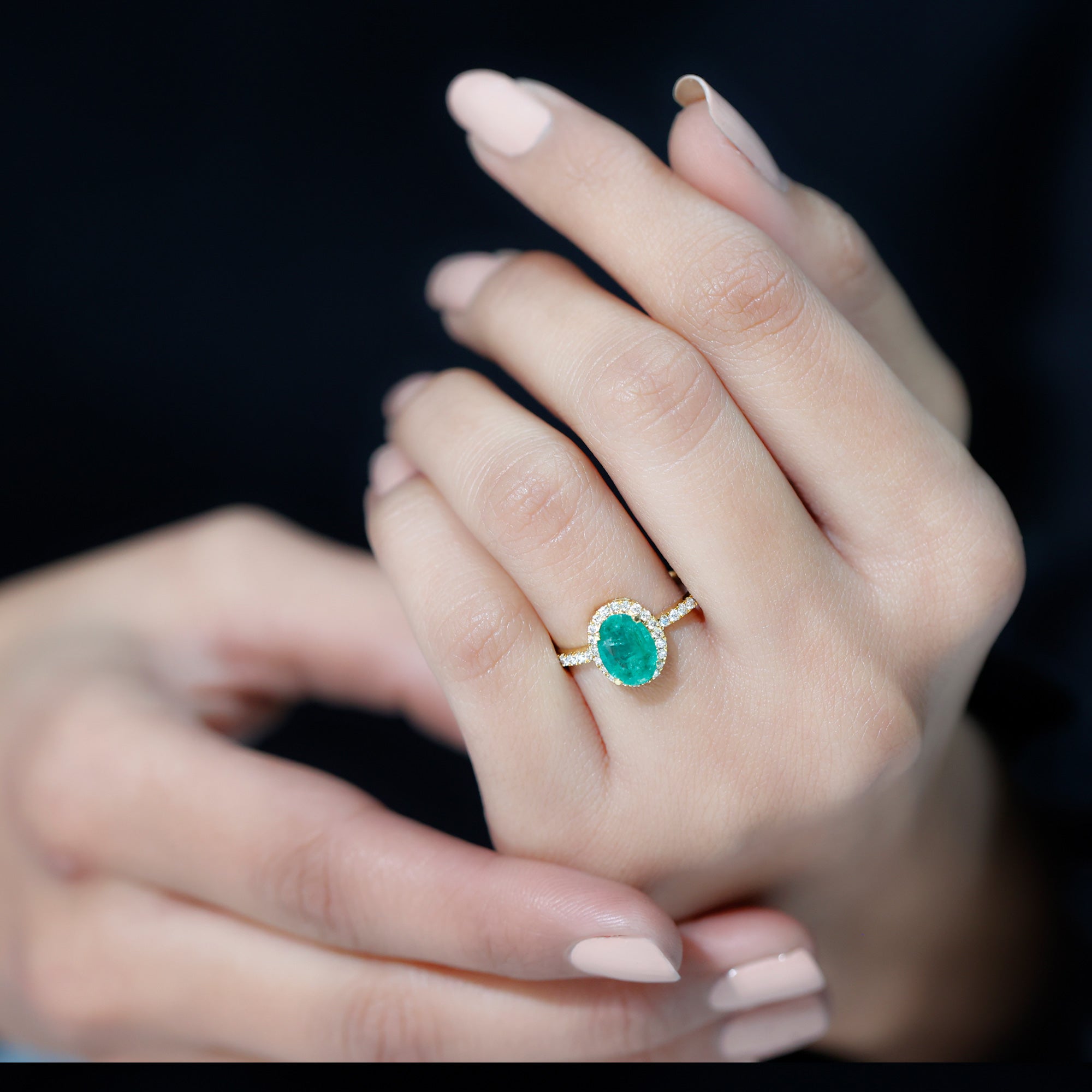 Genuine 6X8MM Oval Emerald Engagement Ring with Diamond Halo AAA - Rosec Jewels