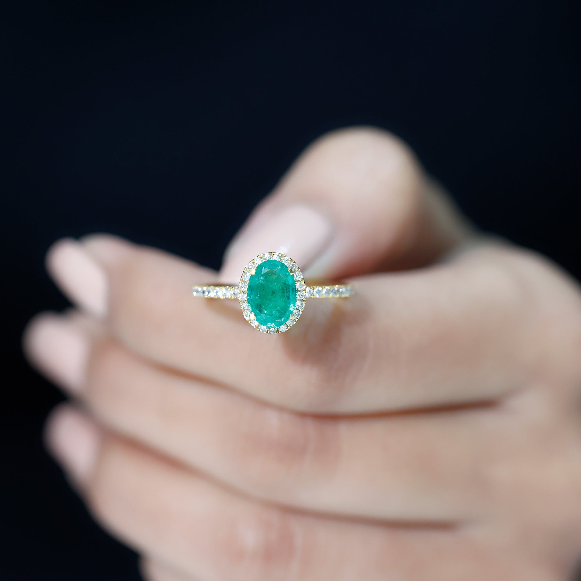 Genuine 6X8MM Oval Emerald Engagement Ring with Diamond Halo AAA - Rosec Jewels