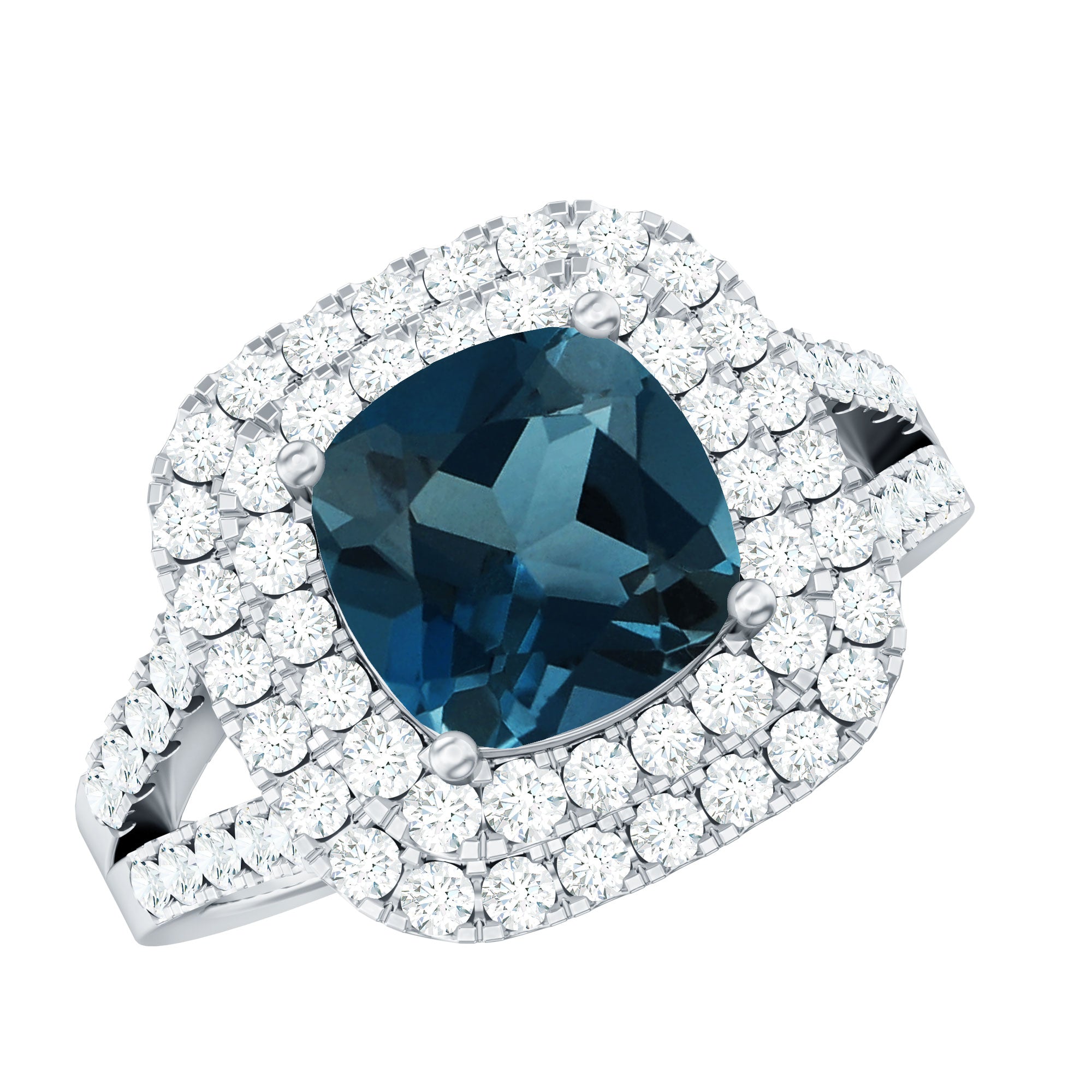 Real 8mm Cushion Cut London Blue Topaz Double Halo Engagement Ring with Moissanite AAA - Rosec Jewels