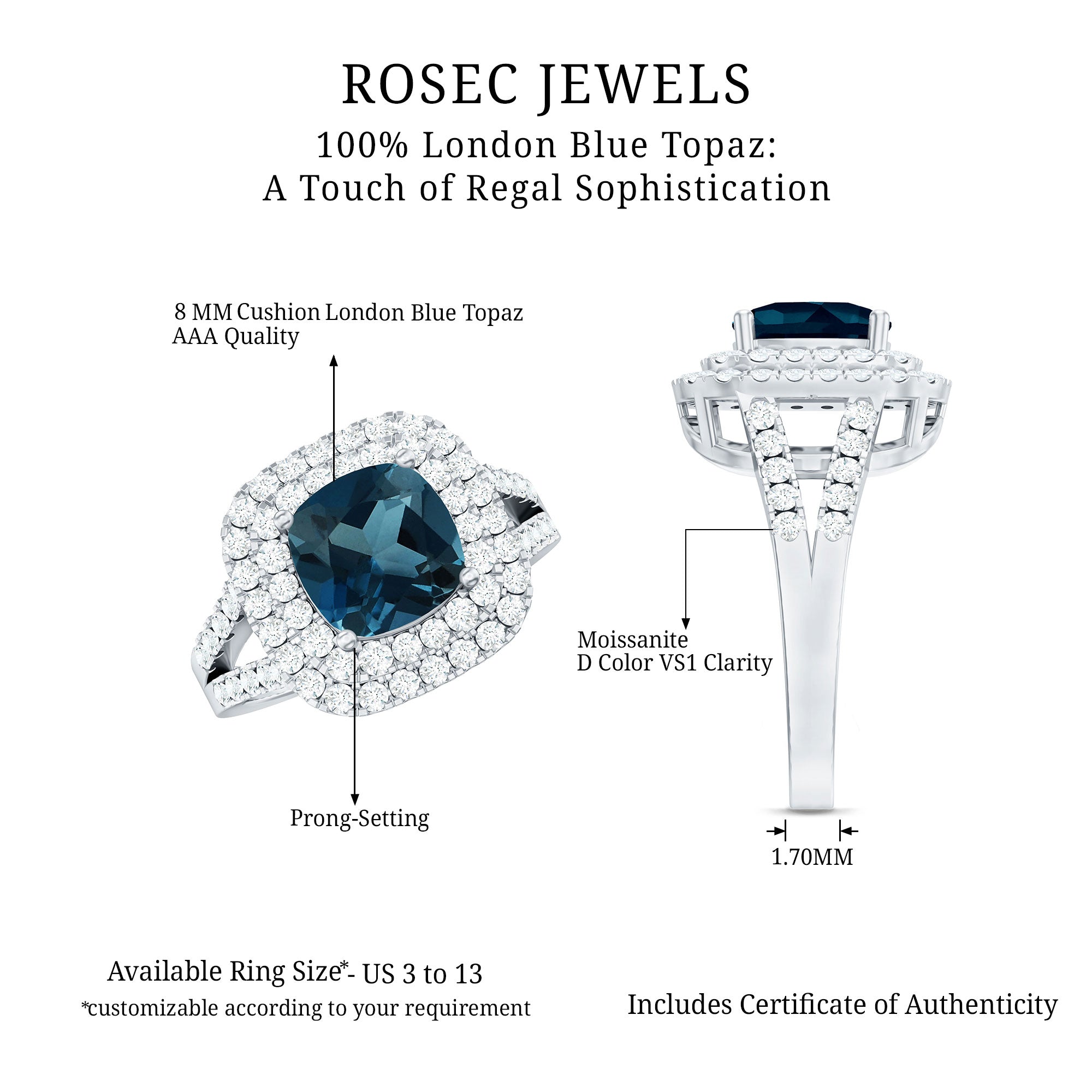 Real 8mm Cushion Cut London Blue Topaz Double Halo Engagement Ring with Moissanite AAA - Rosec Jewels