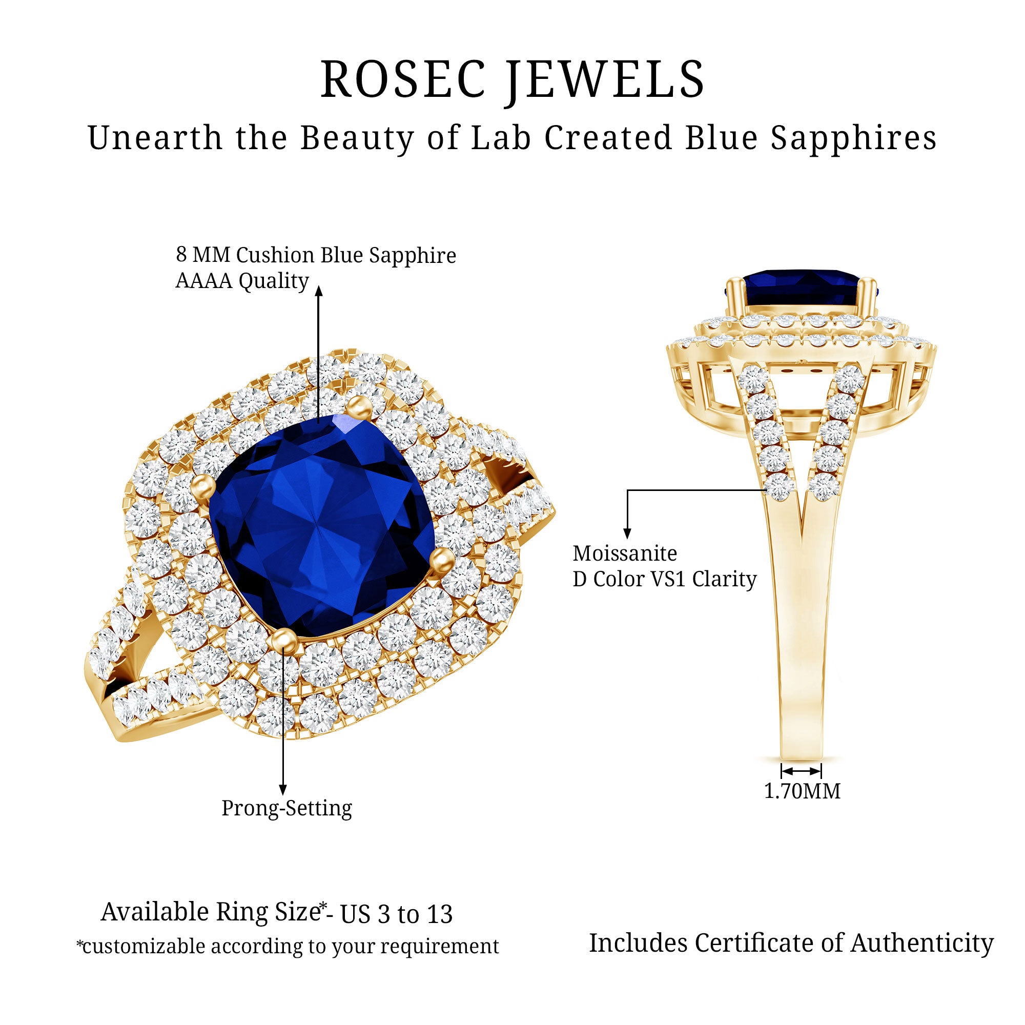 2.7 Carat Cushion Cut Lab Grown Blue Sapphire Engagement Ring with Double Halo AAAA - Rosec Jewels