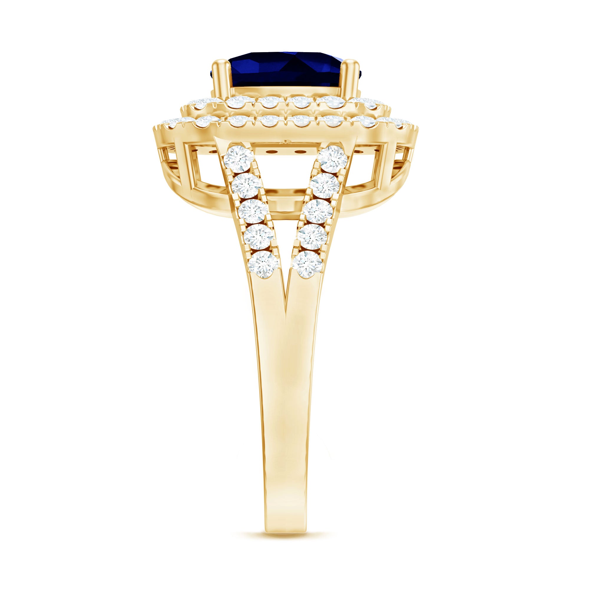 2.7 Carat Cushion Cut Lab Grown Blue Sapphire Engagement Ring with Double Halo AAAA - Rosec Jewels