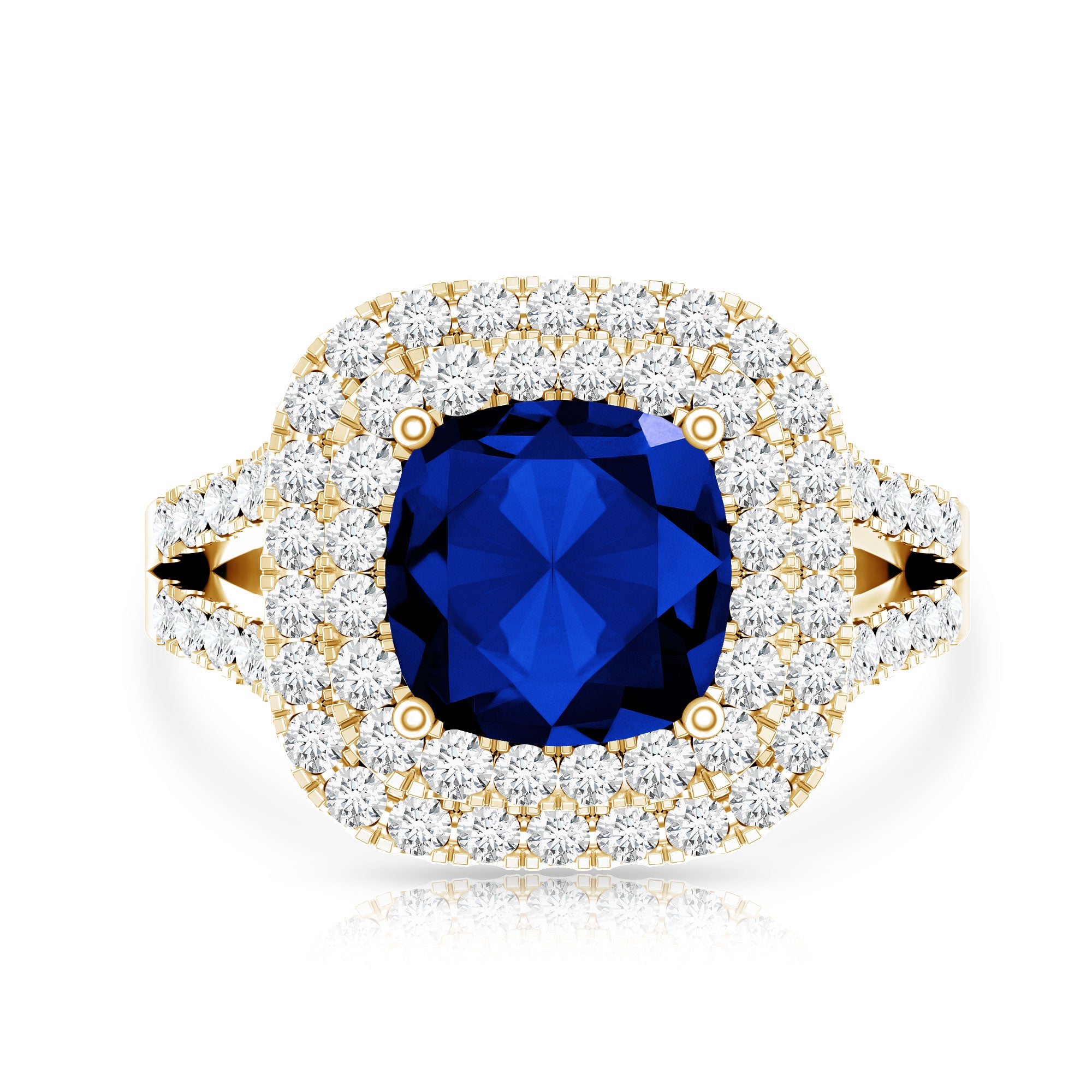 2.7 Carat Cushion Cut Lab Grown Blue Sapphire Engagement Ring with Double Halo AAAA - Rosec Jewels