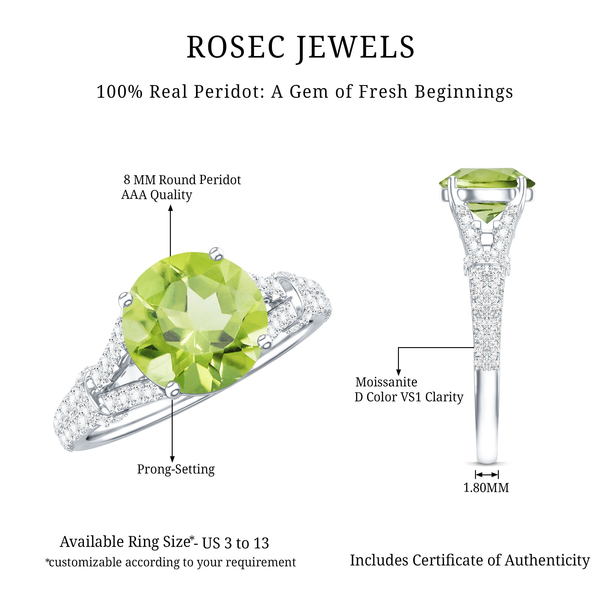 Peridot Solitaire Engagement Ring with Moissanite in Split Shank AAA - Rosec Jewels