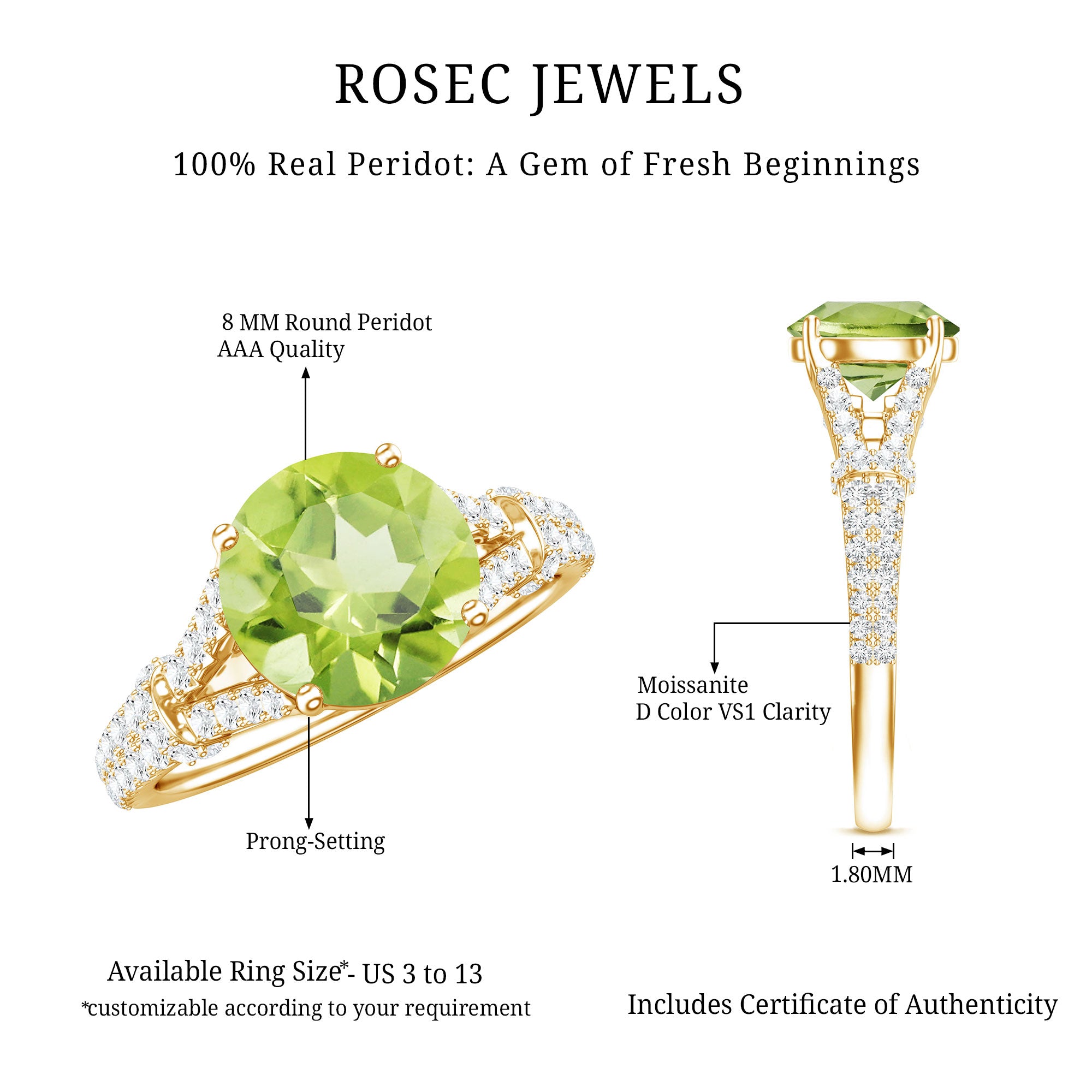 Peridot Solitaire Engagement Ring with Moissanite in Split Shank AAA - Rosec Jewels