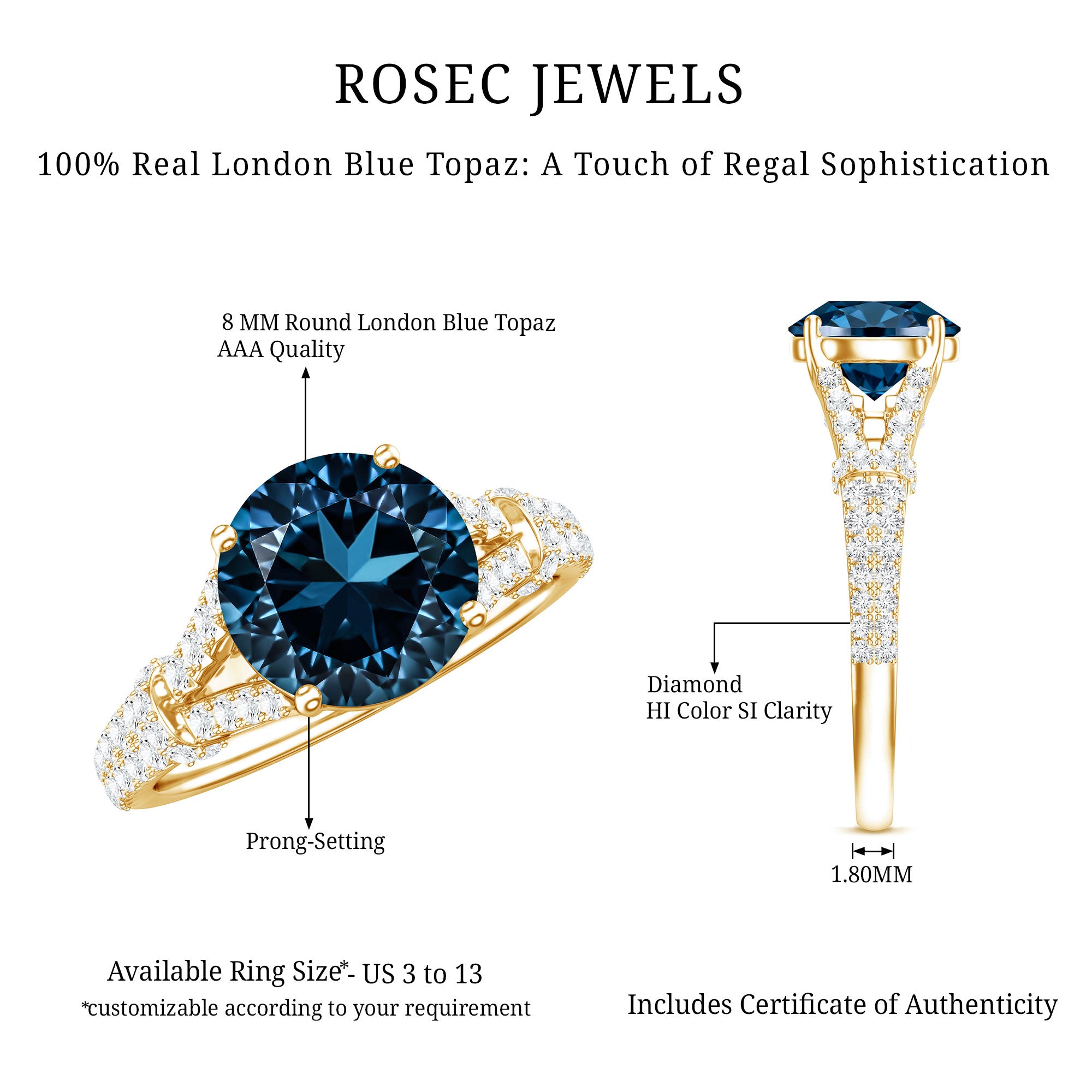 Natural London Blue Topaz Split Shank Engagement Ring AAA - Rosec Jewels