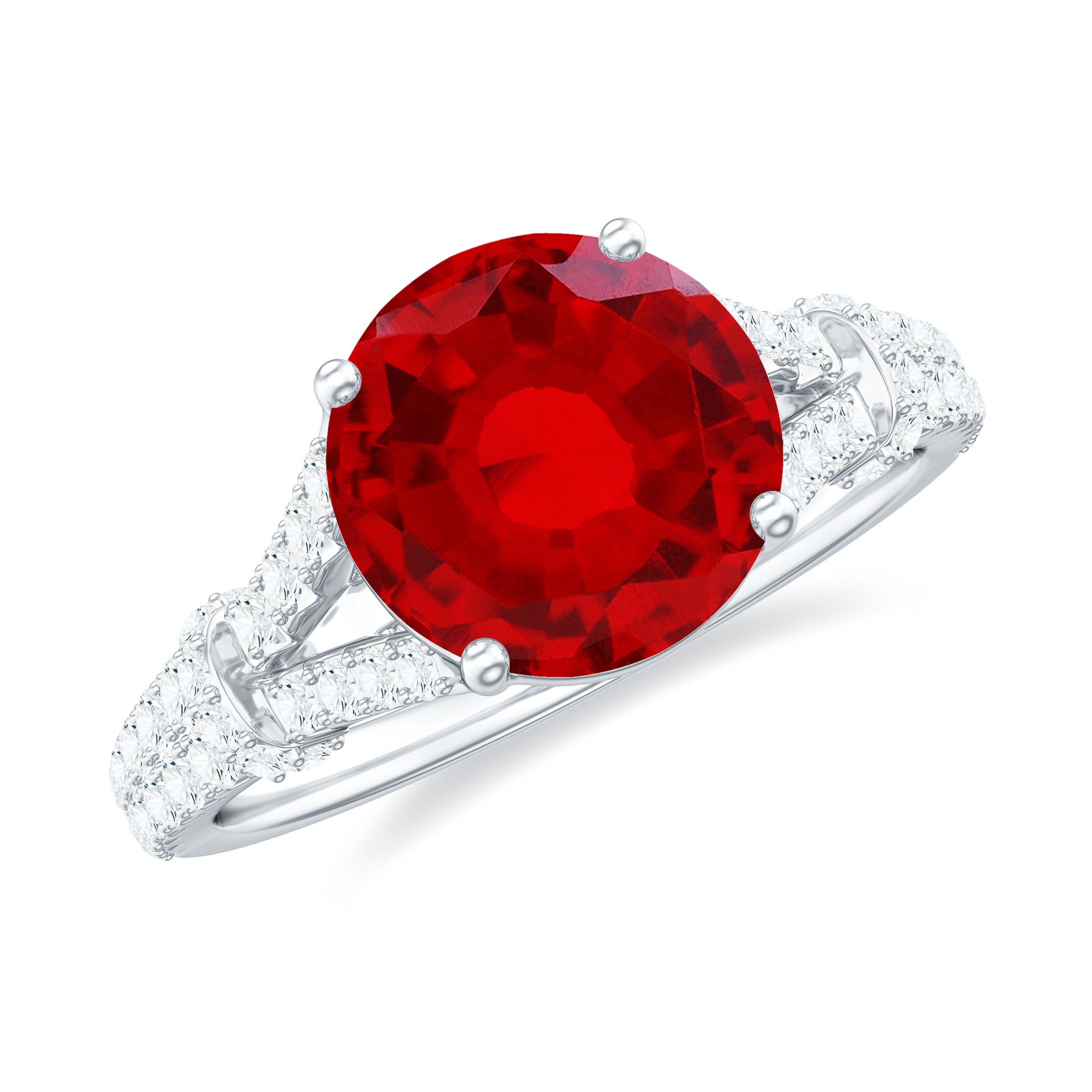 Lab Created Ruby and Diamond Split Shank Engagement Ring AAAA - Rosec Jewels
