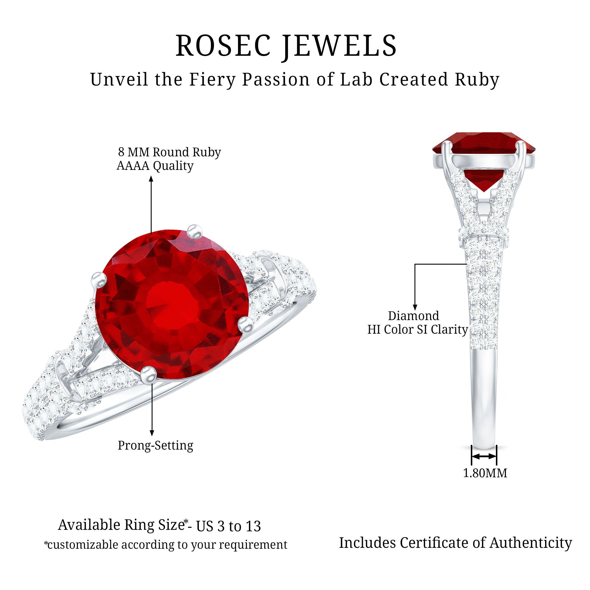 Lab Created Ruby and Diamond Split Shank Engagement Ring AAAA - Rosec Jewels