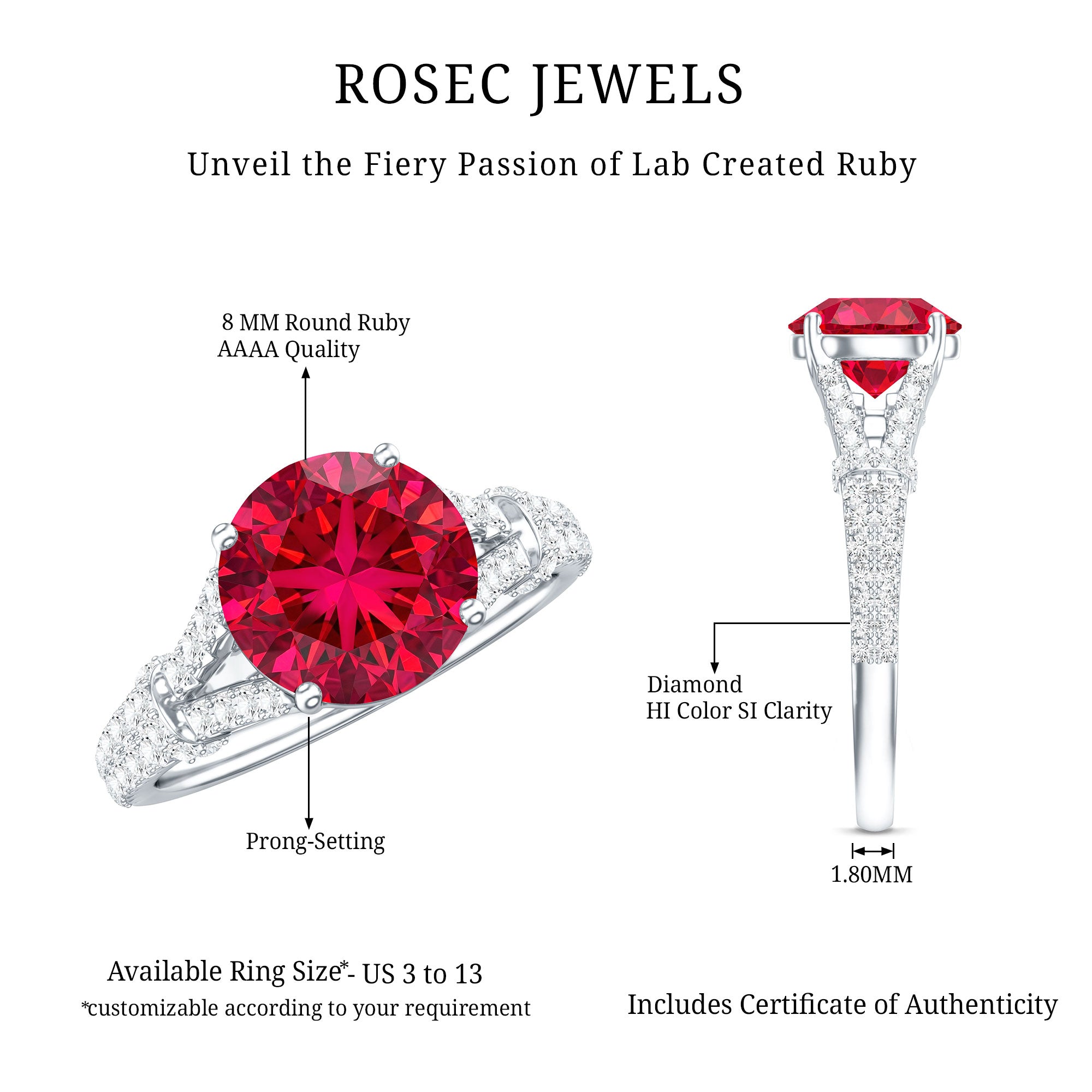 Lab Created Ruby and Diamond Split Shank Engagement Ring AAAA - Rosec Jewels