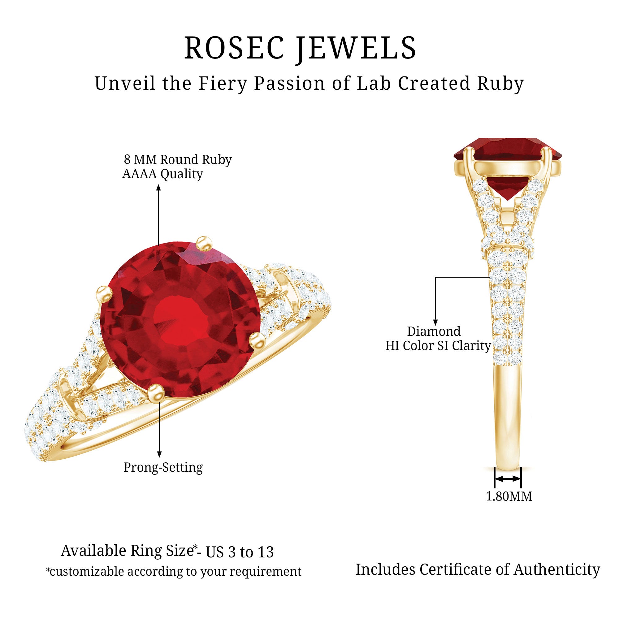 Lab Created Ruby and Diamond Split Shank Engagement Ring AAAA - Rosec Jewels
