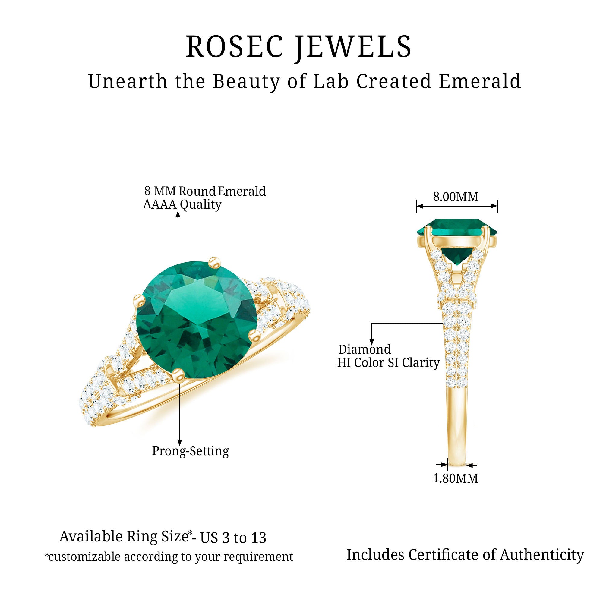 Classic Lab Grown Emerald Diamond Engagement Ring with Split Shank AAAA - Rosec Jewels