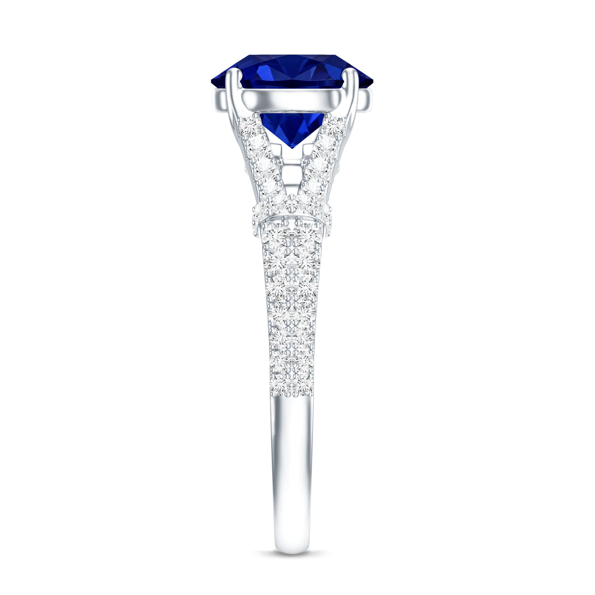 Certified 2.7 Carat Lab Grown Blue Sapphire Engagement Ring with Diamond Split Shank AAAA - Rosec Jewels