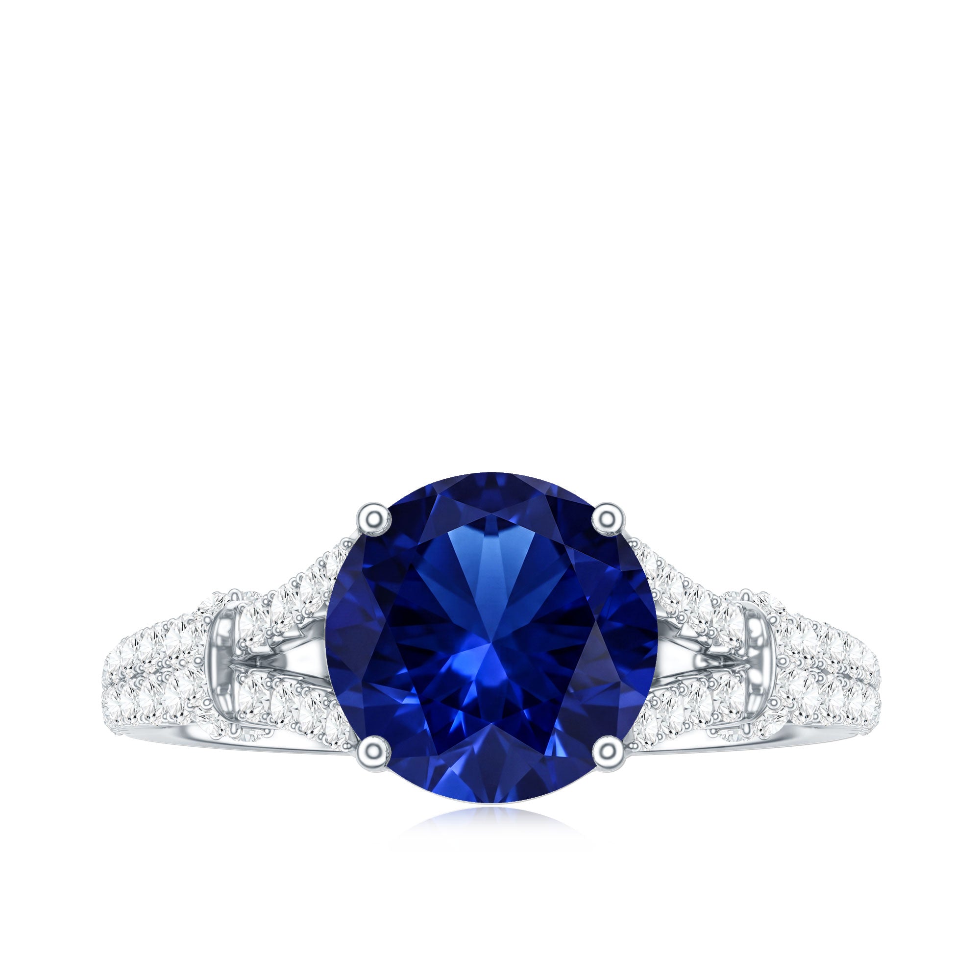 Certified 2.7 Carat Lab Grown Blue Sapphire Engagement Ring with Diamond Split Shank AAAA - Rosec Jewels