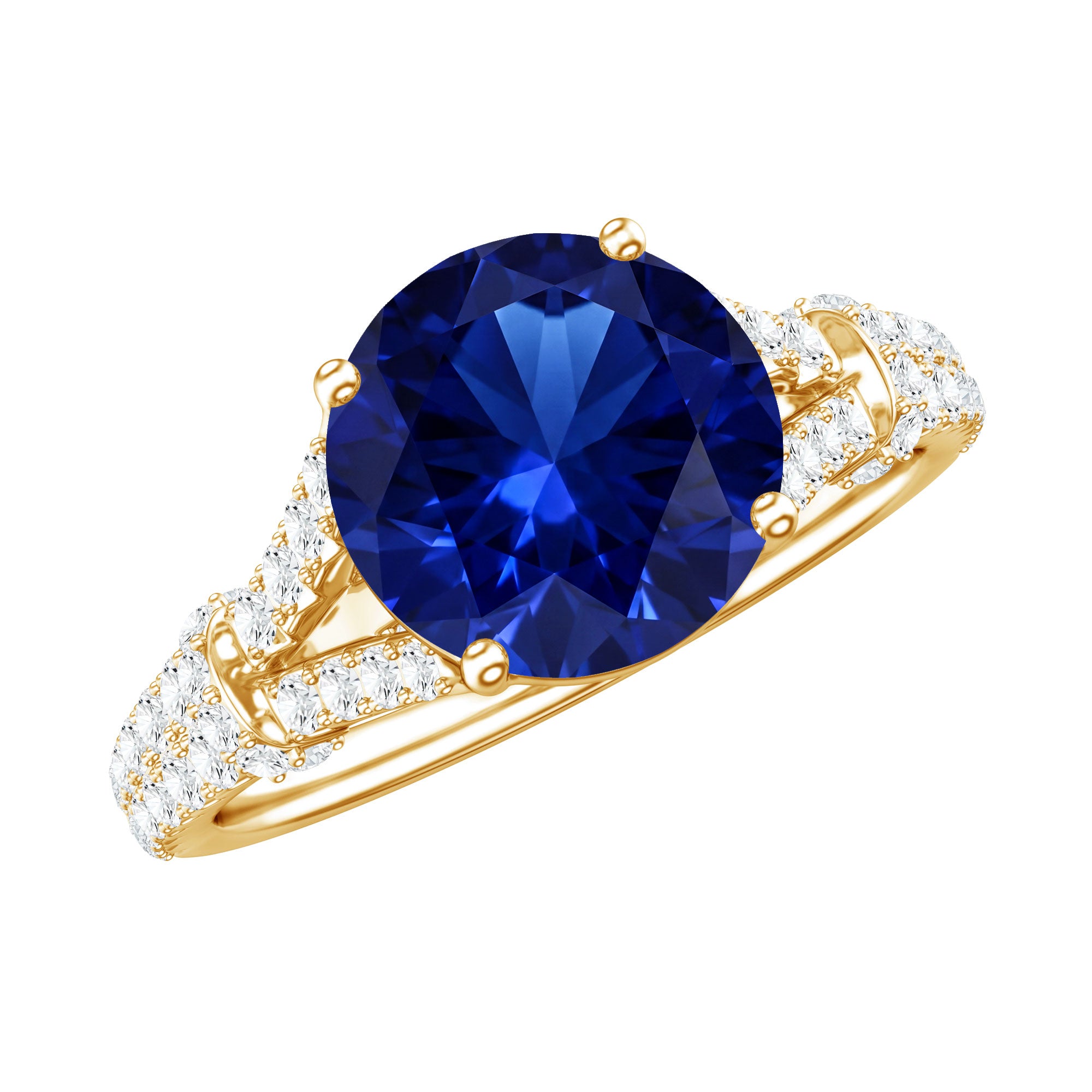 Certified 2.7 Carat Lab Grown Blue Sapphire Engagement Ring with Diamond Split Shank AAAA - Rosec Jewels
