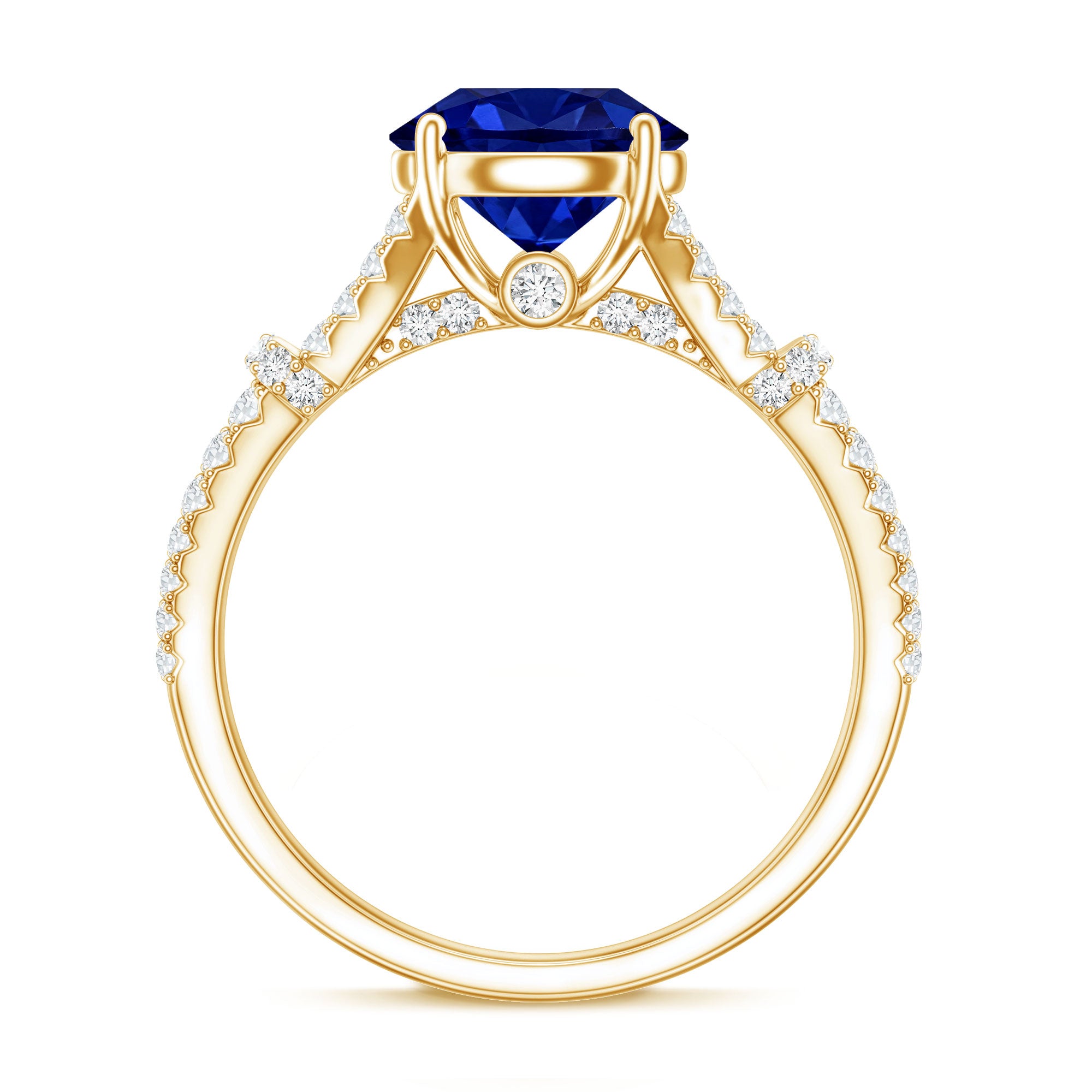 Certified 2.7 Carat Lab Grown Blue Sapphire Engagement Ring with Diamond Split Shank AAAA - Rosec Jewels