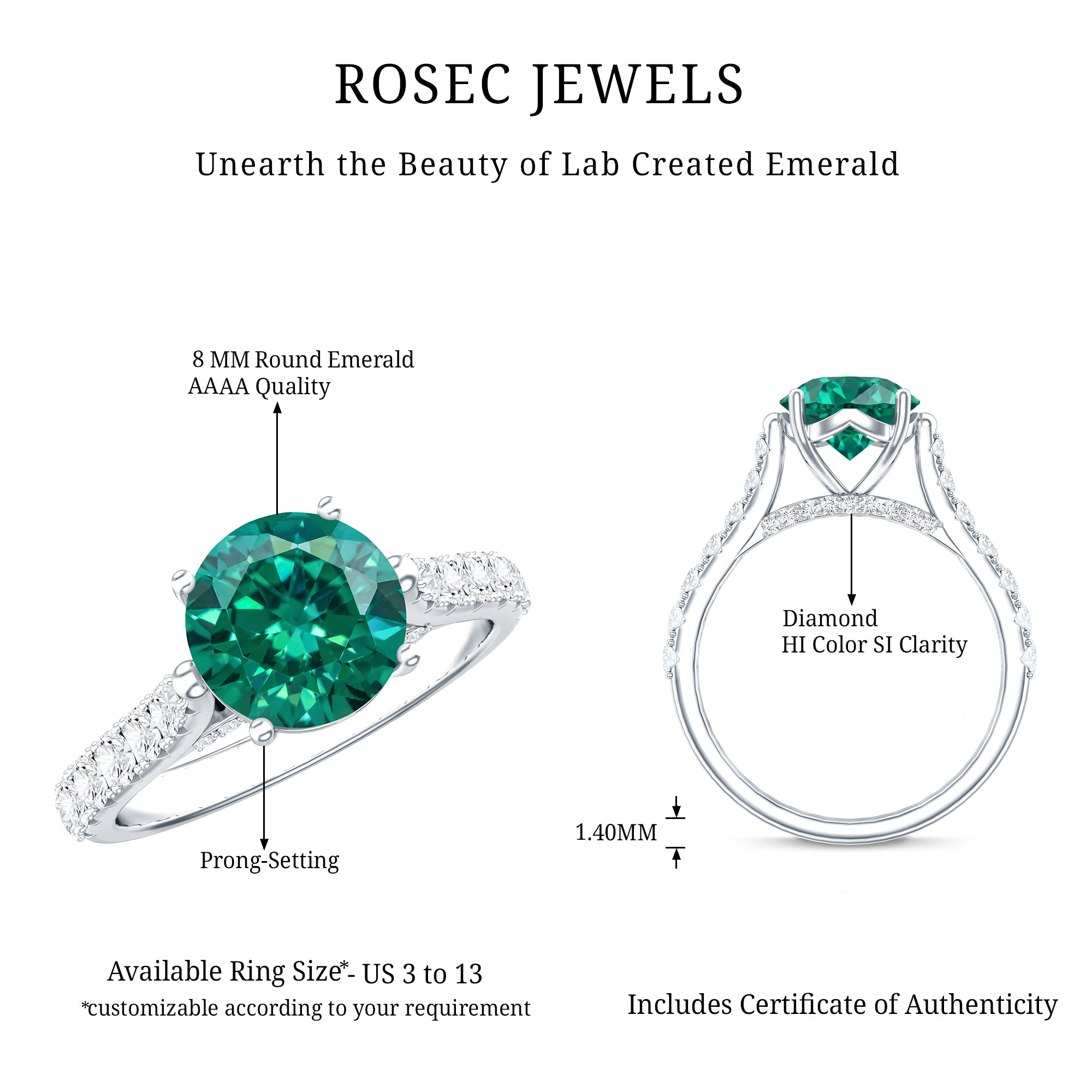 Lab Created Emerald Solitaire Engagement Ring with Diamond Side Stones AAAA - Rosec Jewels