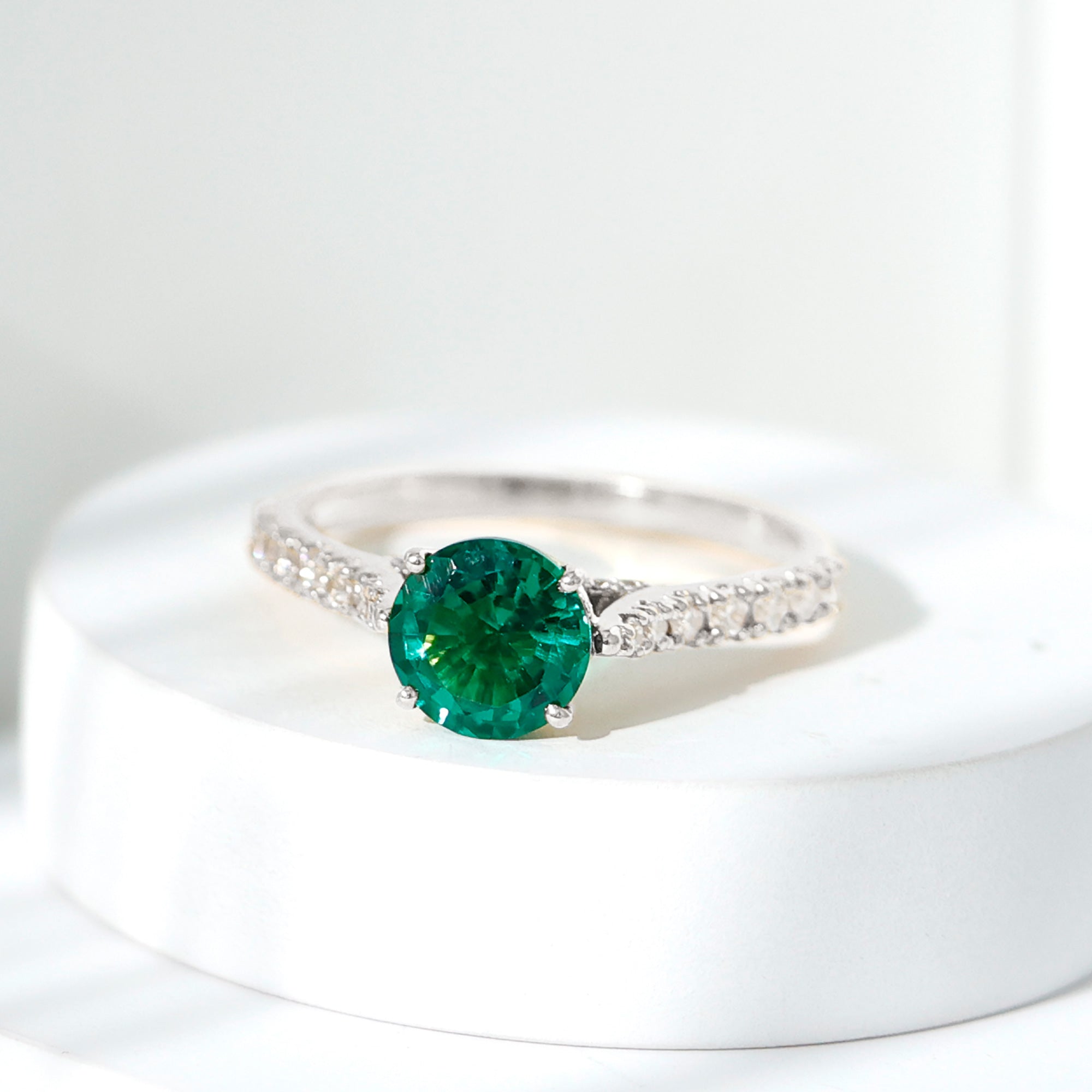 Lab Created Emerald Solitaire Engagement Ring with Diamond Side Stones AAAA - Rosec Jewels