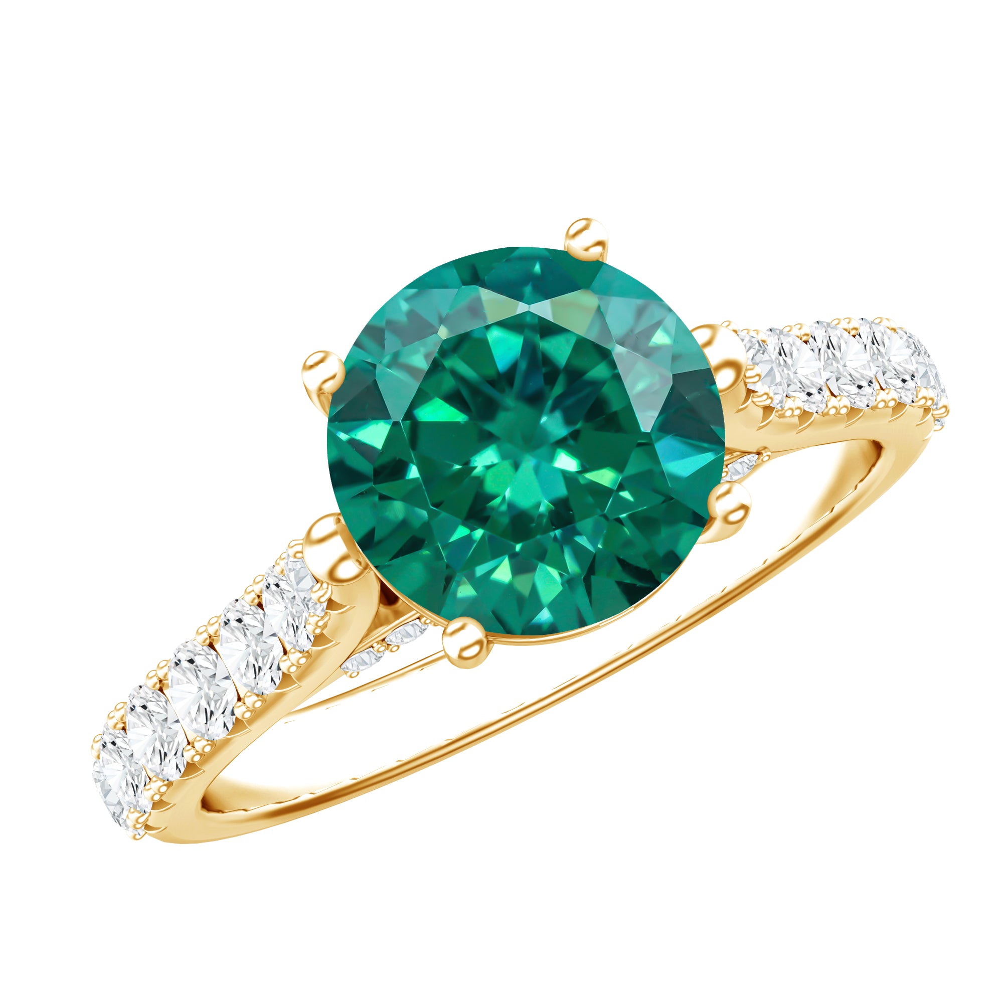 Lab Created Emerald Solitaire Engagement Ring with Diamond Side Stones AAAA - Rosec Jewels