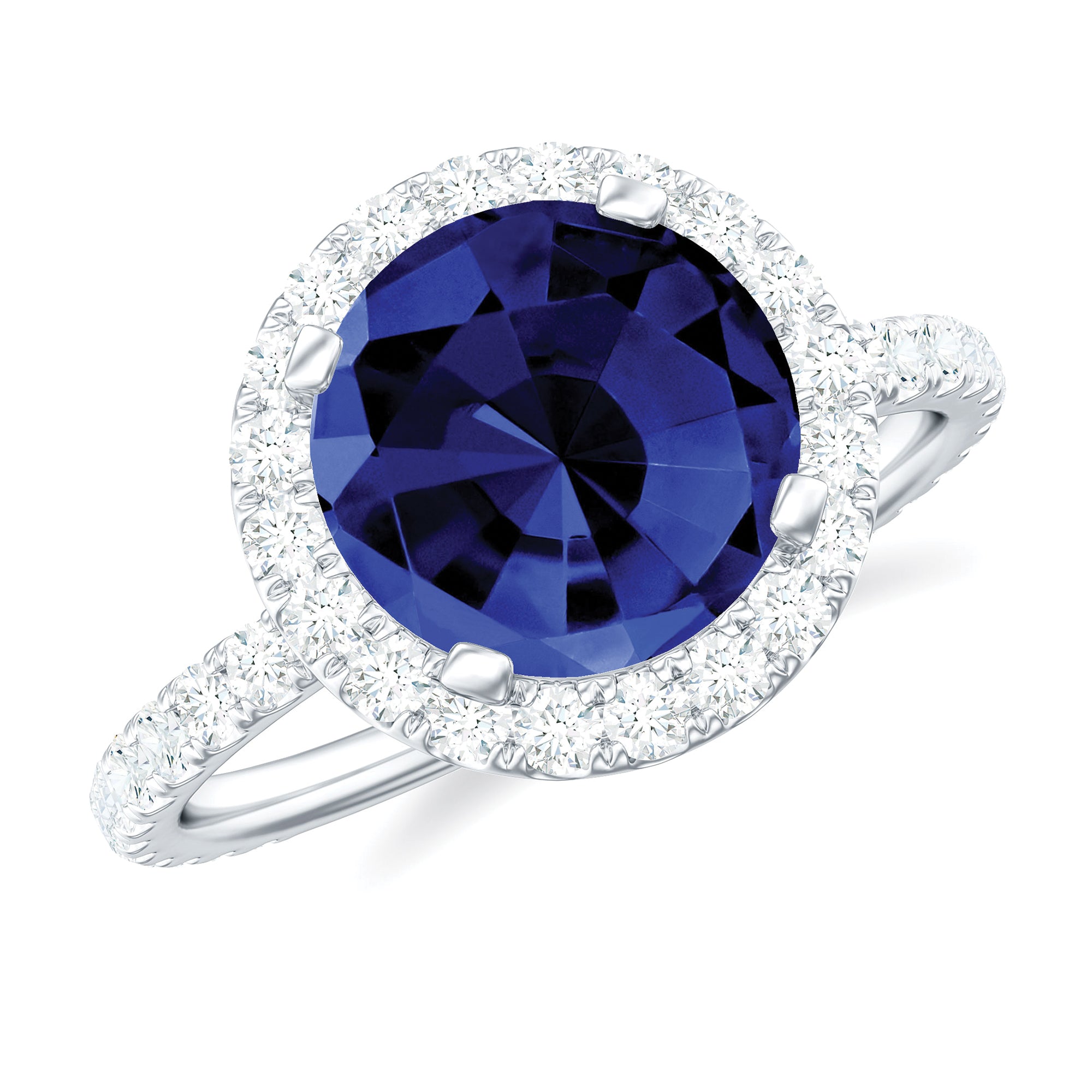 8 mm Round Lab Created Blue Sapphire Classic Engagement Ring with Diamond Halo