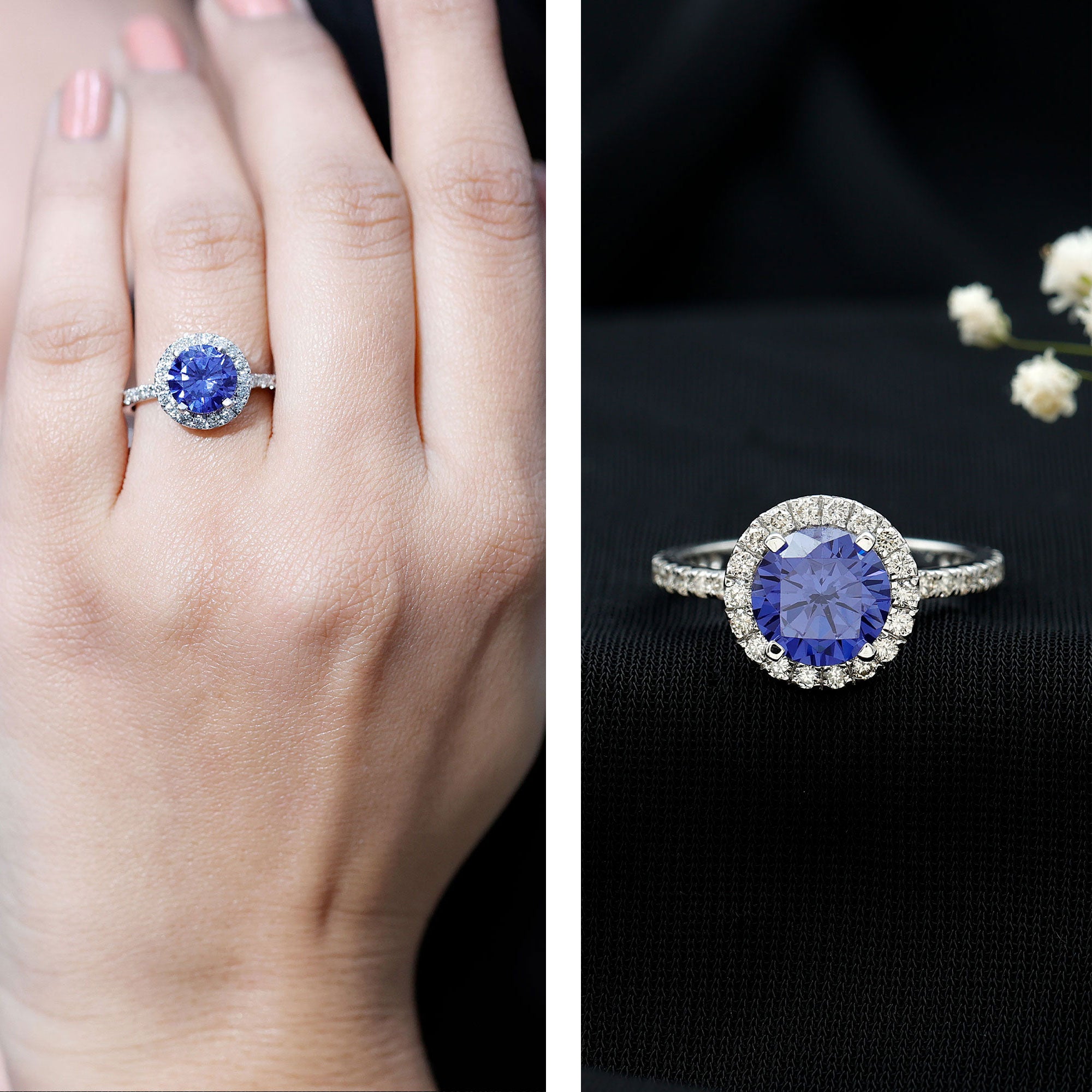 8 mm Round Lab Created Blue Sapphire Classic Engagement Ring with Diamond Halo AAAA - Rosec Jewels