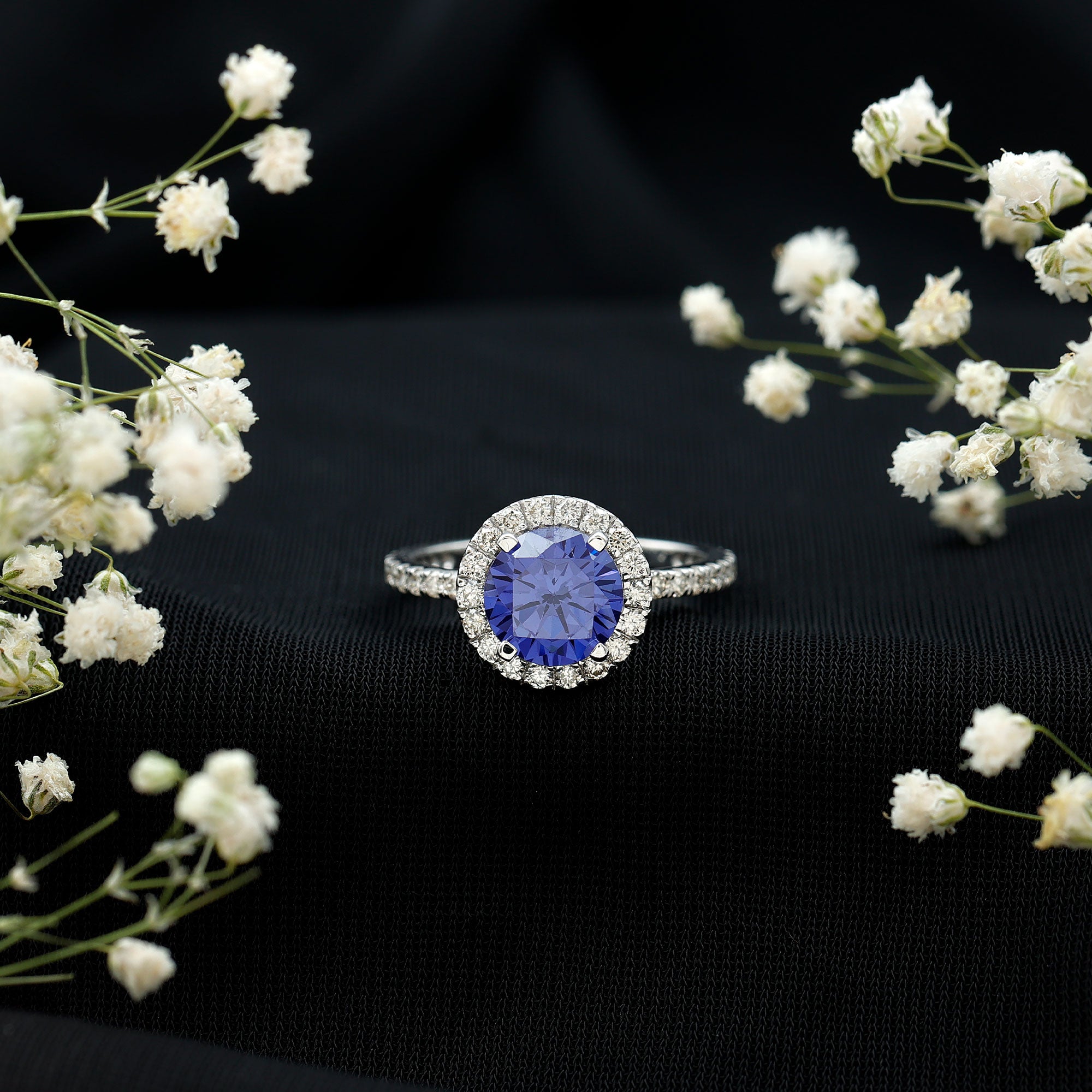 8 mm Round Lab Created Blue Sapphire Classic Engagement Ring with Diamond Halo AAAA - Rosec Jewels