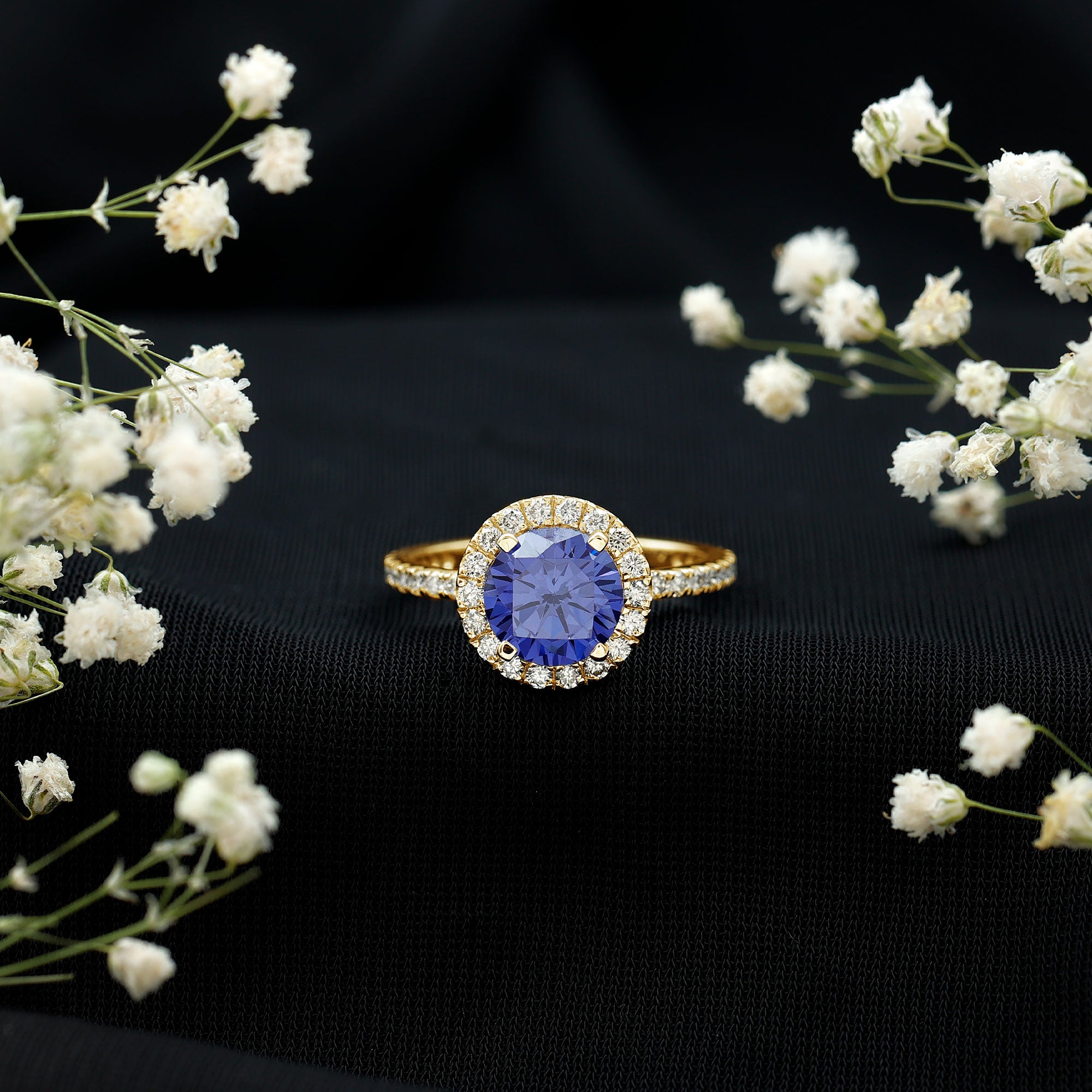 8 mm Round Lab Created Blue Sapphire Classic Engagement Ring with Diamond Halo AAAA - Rosec Jewels