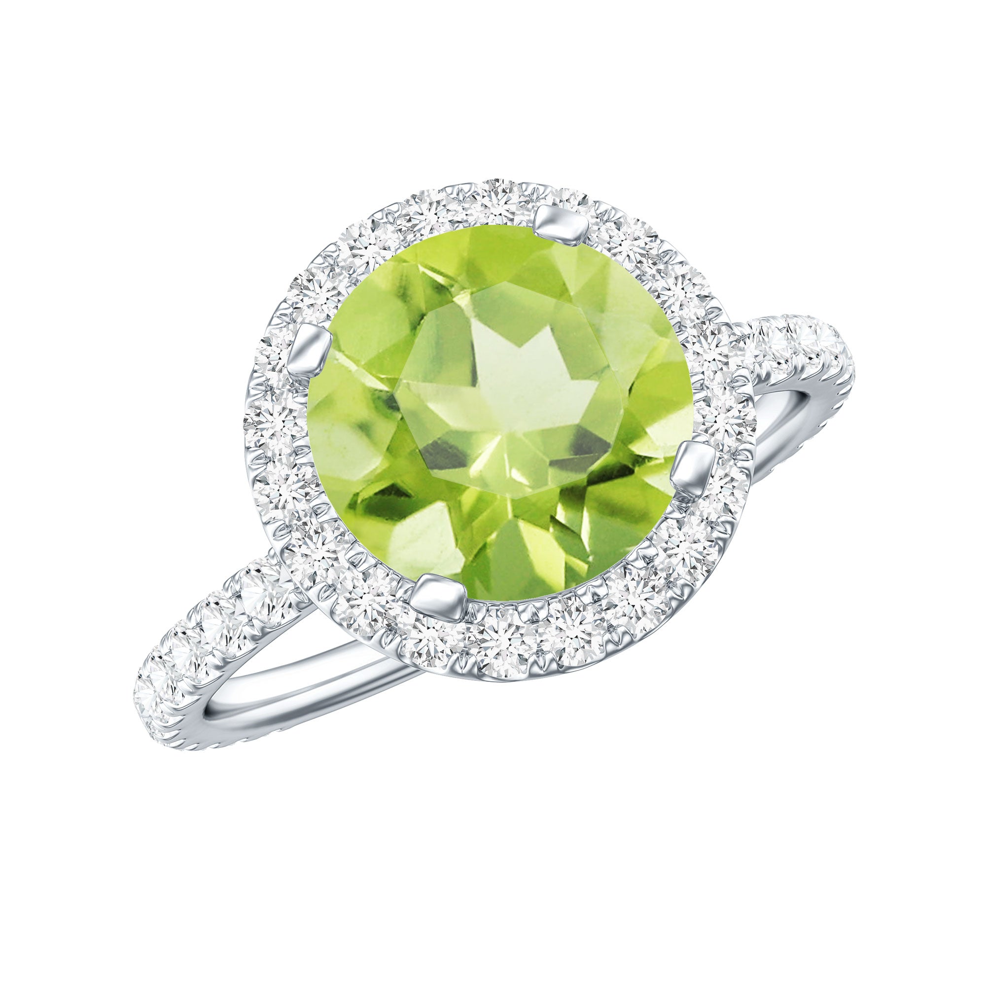 2 Carat Round Peridot Engagement Ring with Diamond Halo AAA - Rosec Jewels